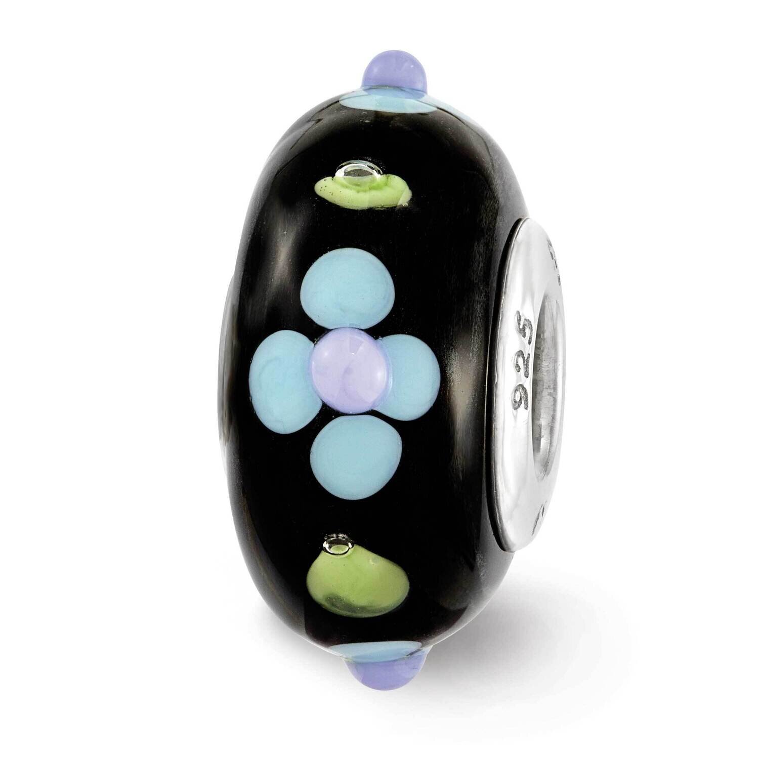 Black Hand Painted Blue Floral Fenton Glass Bead Sterling Silver QRS3626, MPN: QRS3626, 19727650290