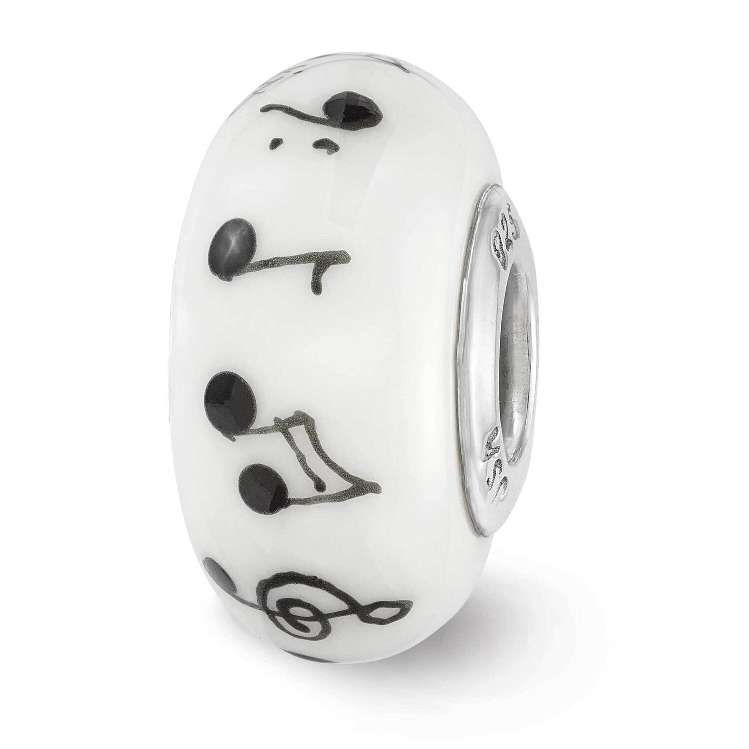 White Hand Painted Music Notes Fenton Glass Bead Sterling Silver QRS3629