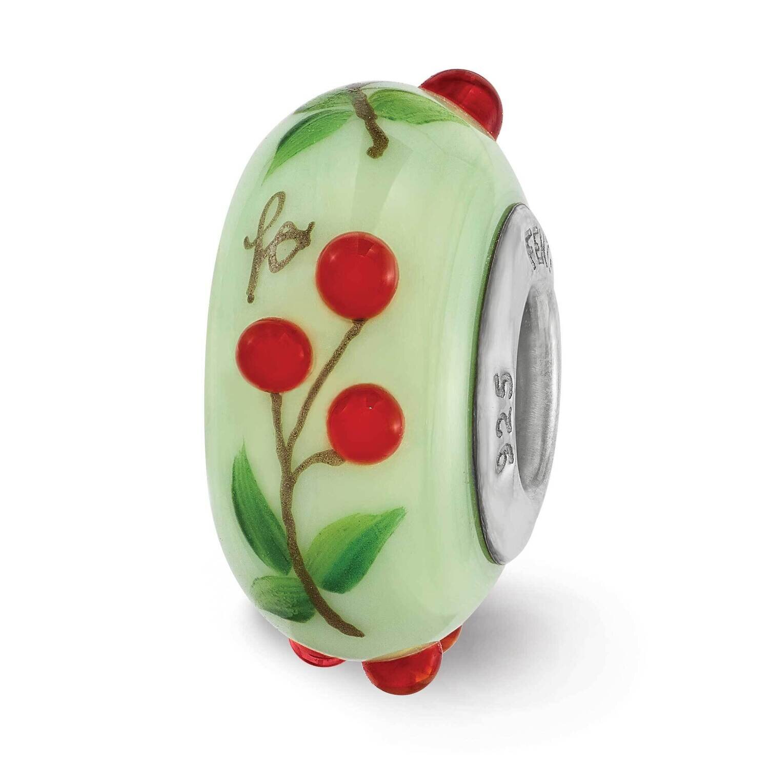 Green Hand Painted Cherries Fenton Glass Bead Sterling Silver QRS3656