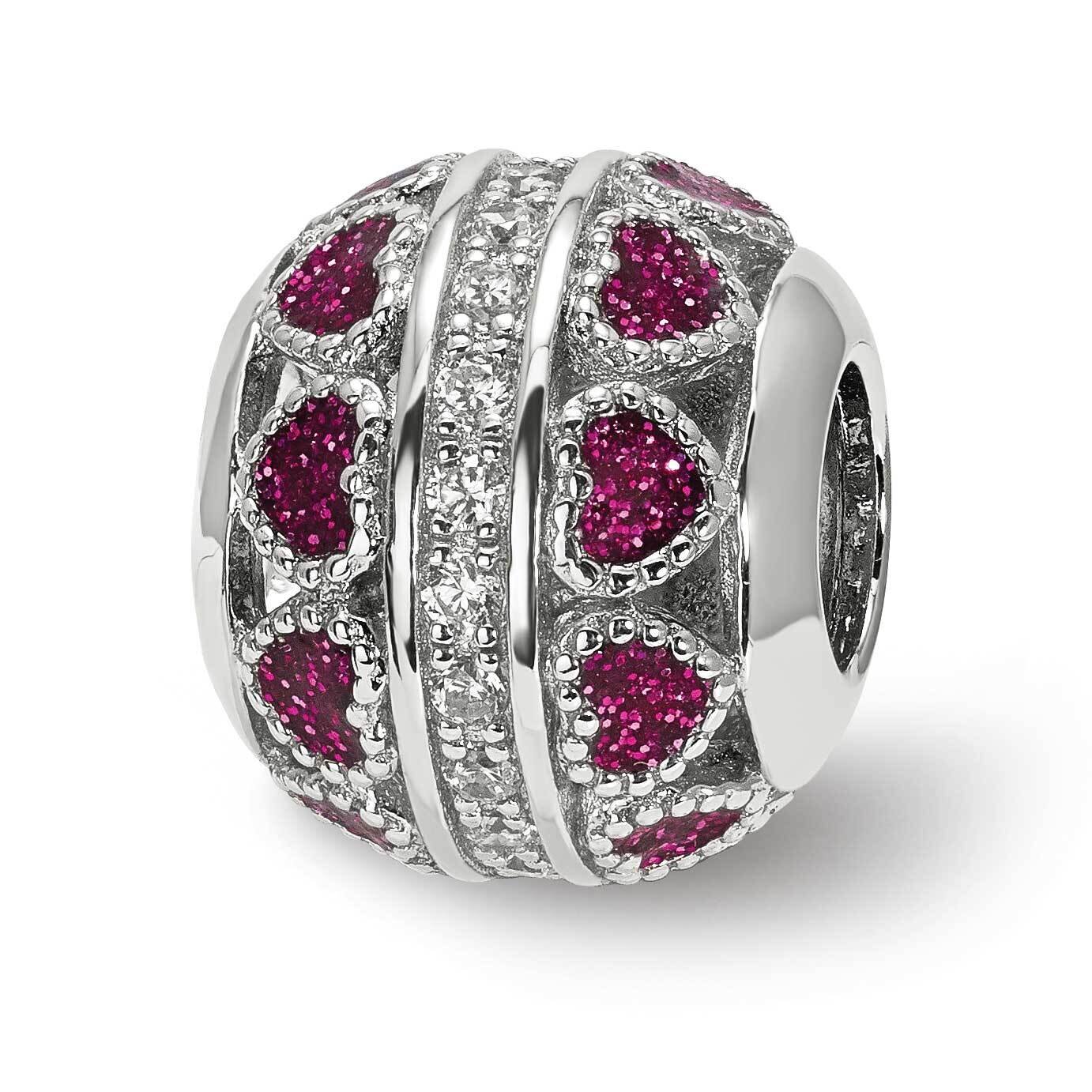 Pink Enamel Hearts &amp; CZ Diamonds Cut Out Circle Bead Sterling Silver QRS3962, MPN: QRS3962,