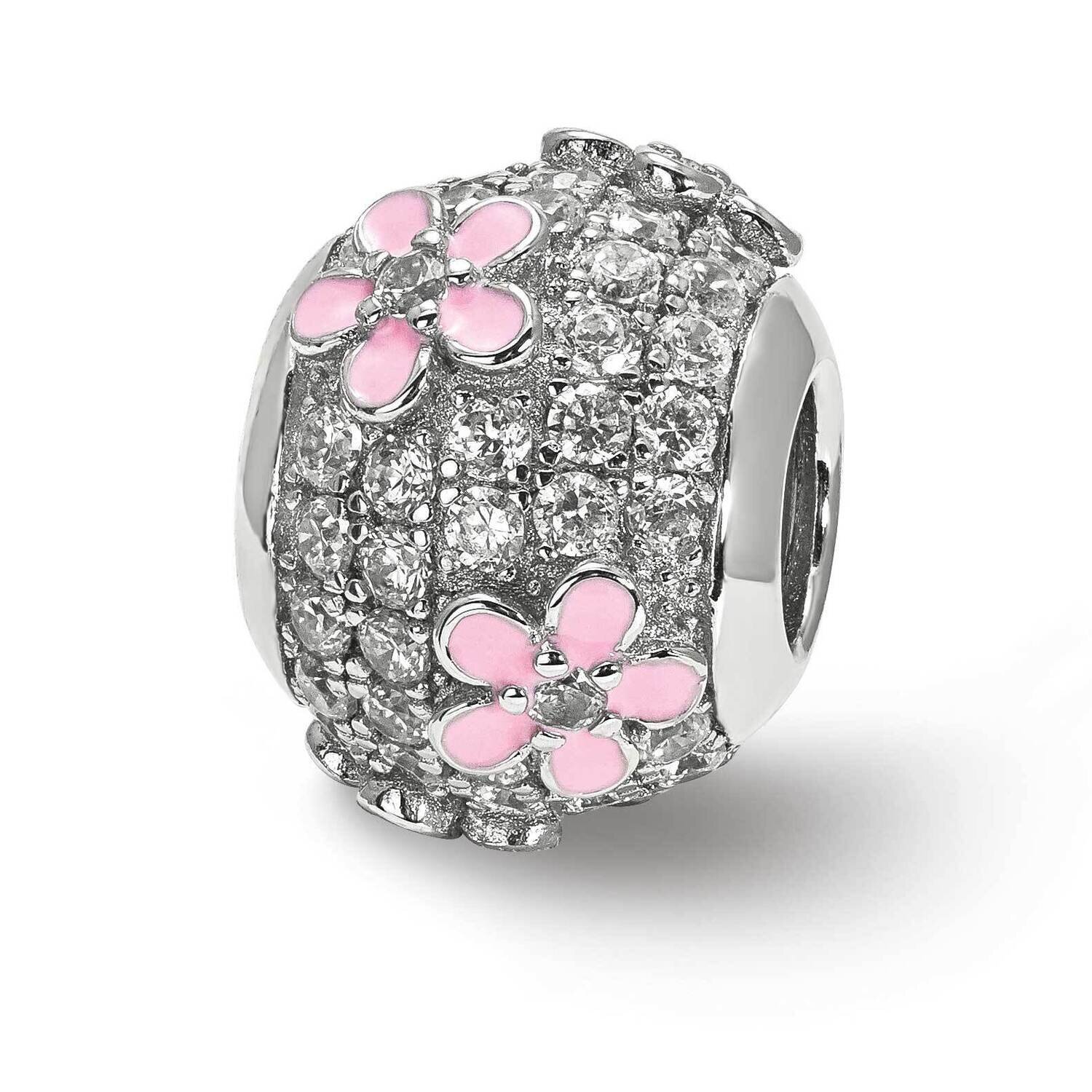 CZ Diamond Bead with Pink Enameled Flowers Sterling Silver QRS3967, MPN: QRS3967,