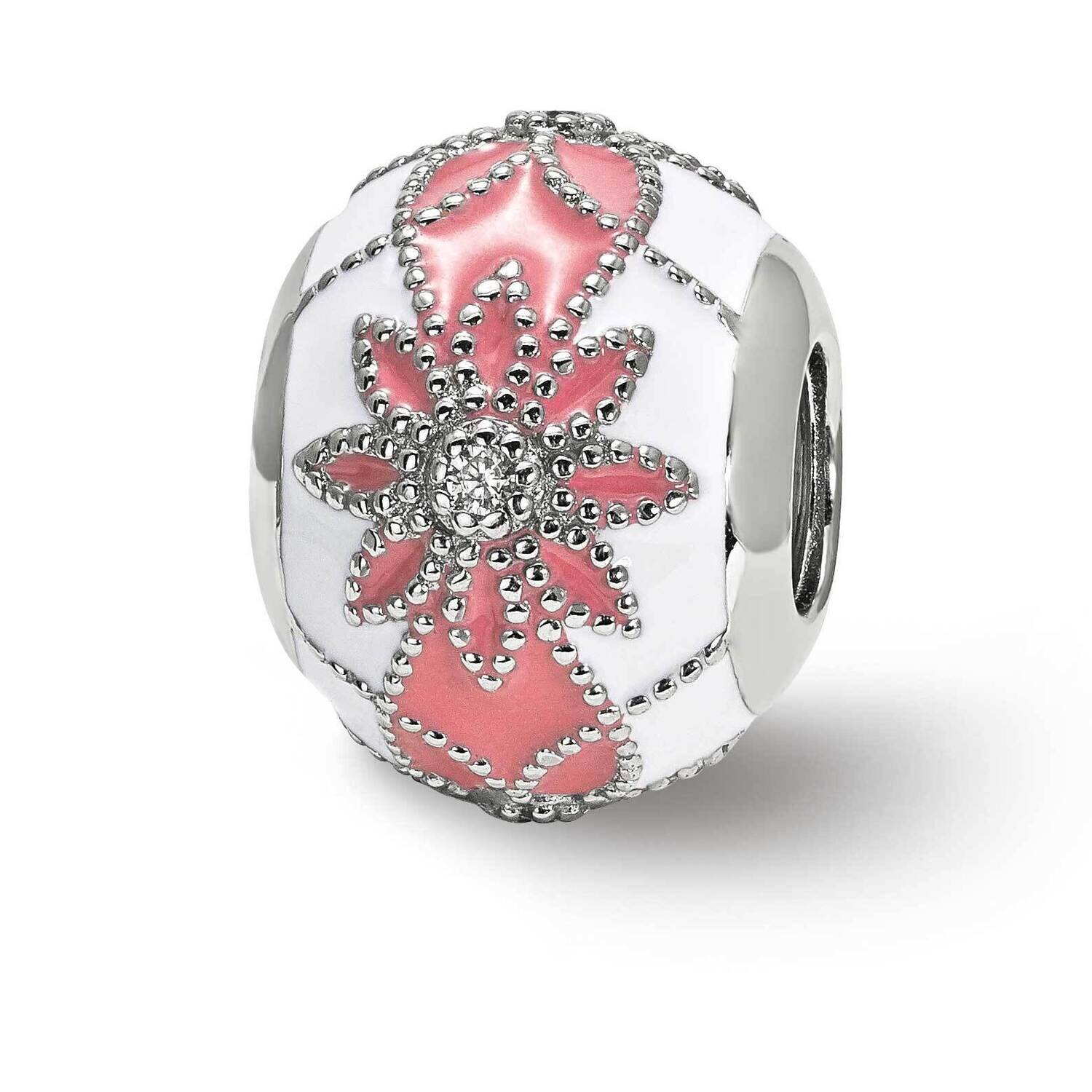 CZ Diamonds White &amp; Pink Enameled Flowers Bead Sterling Silver QRS3968, MPN: QRS3968,