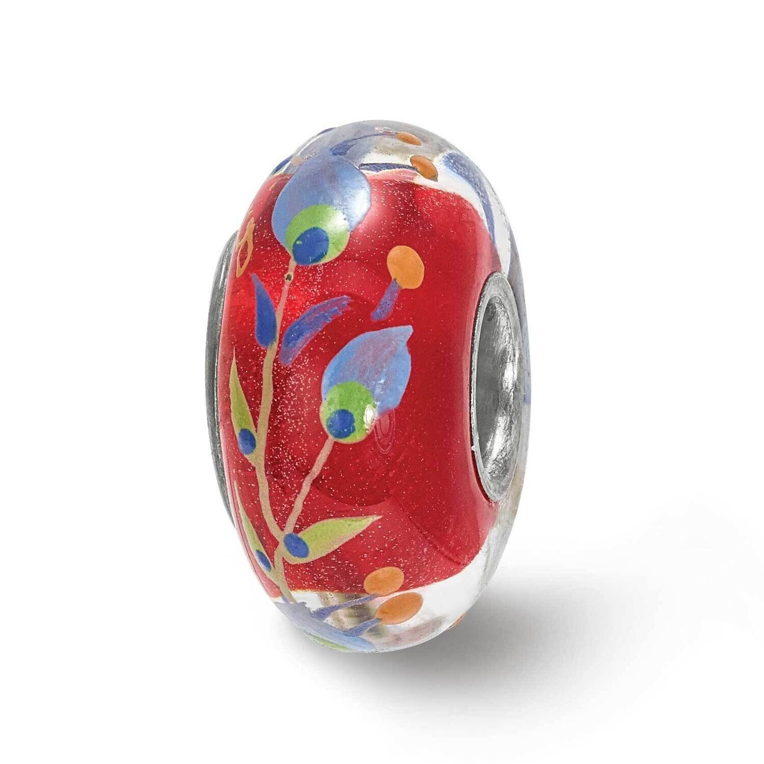 Feathers, Clear & Red Glass Bead Sterling Silver Hand Painted QRS3997