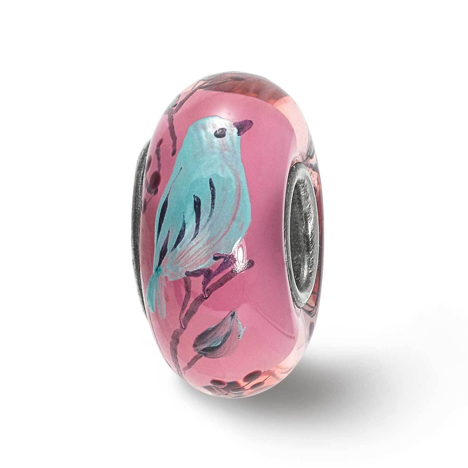 Bird, Clear & Rose Glass Bead Sterling Silver Hand Painted QRS4004