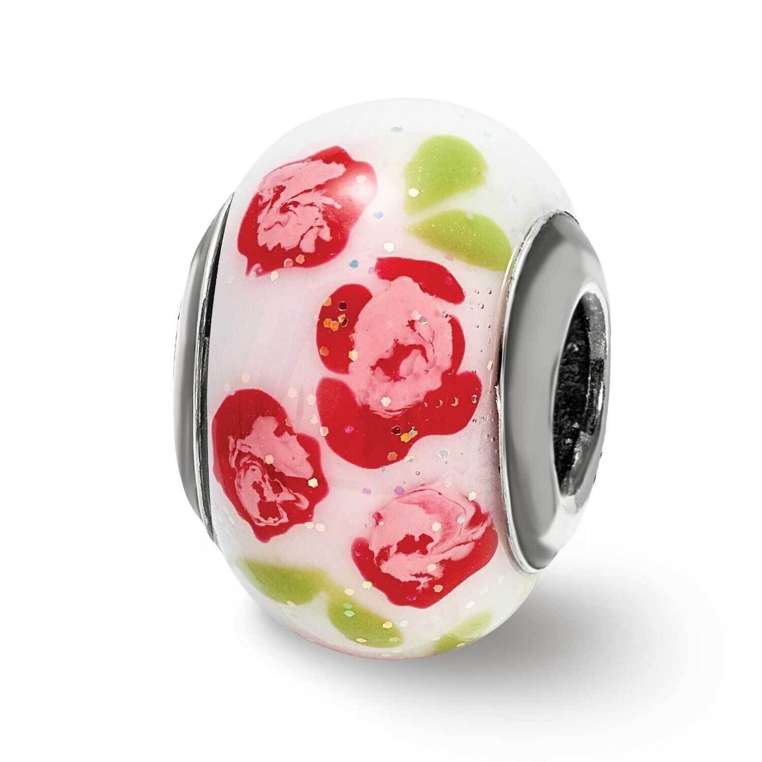 Red Pink Glitter Flower Italian Glass Bead Sterling Silver QRS4023