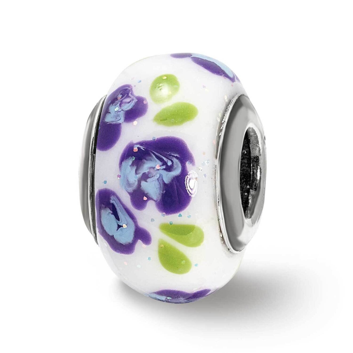Purple Blue Glitter Flower Italian Glass Bead Sterling Silver QRS4024, MPN: QRS4024,