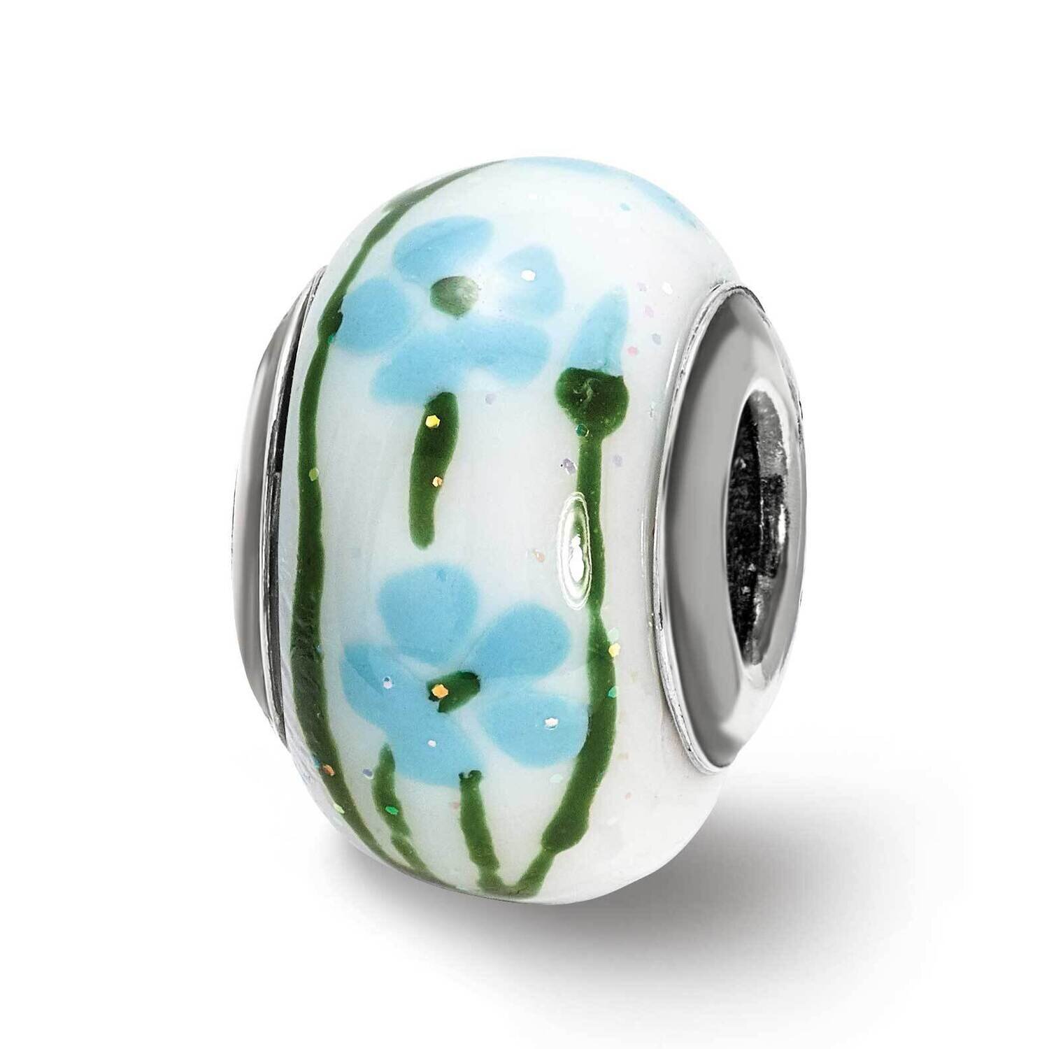 Blue Green Glitter Flower Italian Glass Bead Sterling Silver QRS4025, MPN: QRS4025,