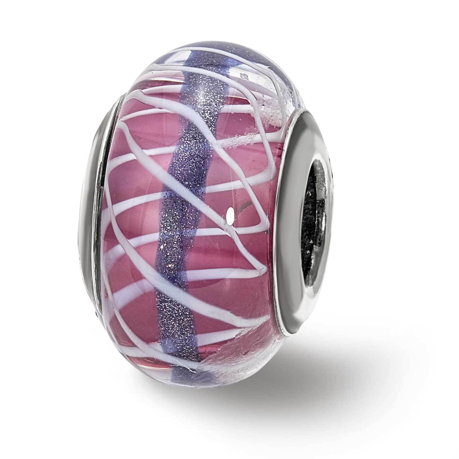 Pink and White Weaved Glass with Blue Stripe Bead Sterling Silver QRS4032