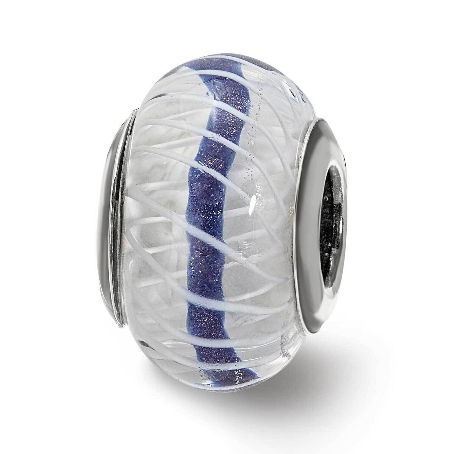 White Weaved with Blue Stripe Glass Bead Sterling Silver QRS4034