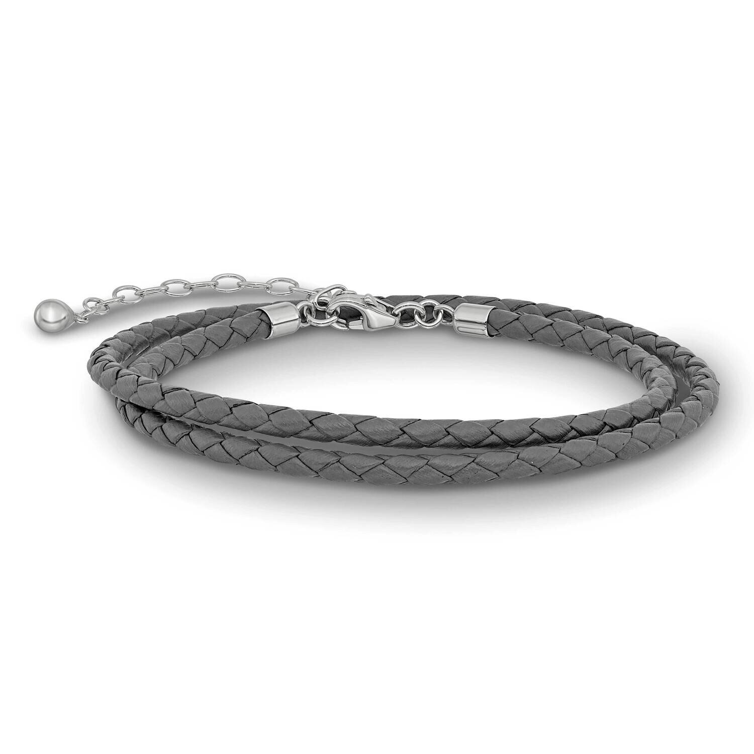 Gray Leather 14 Inch with 2in Extender Choker Wrap Bracelet Sterling Silver QRS4049GRAY-14, MPN: QR…