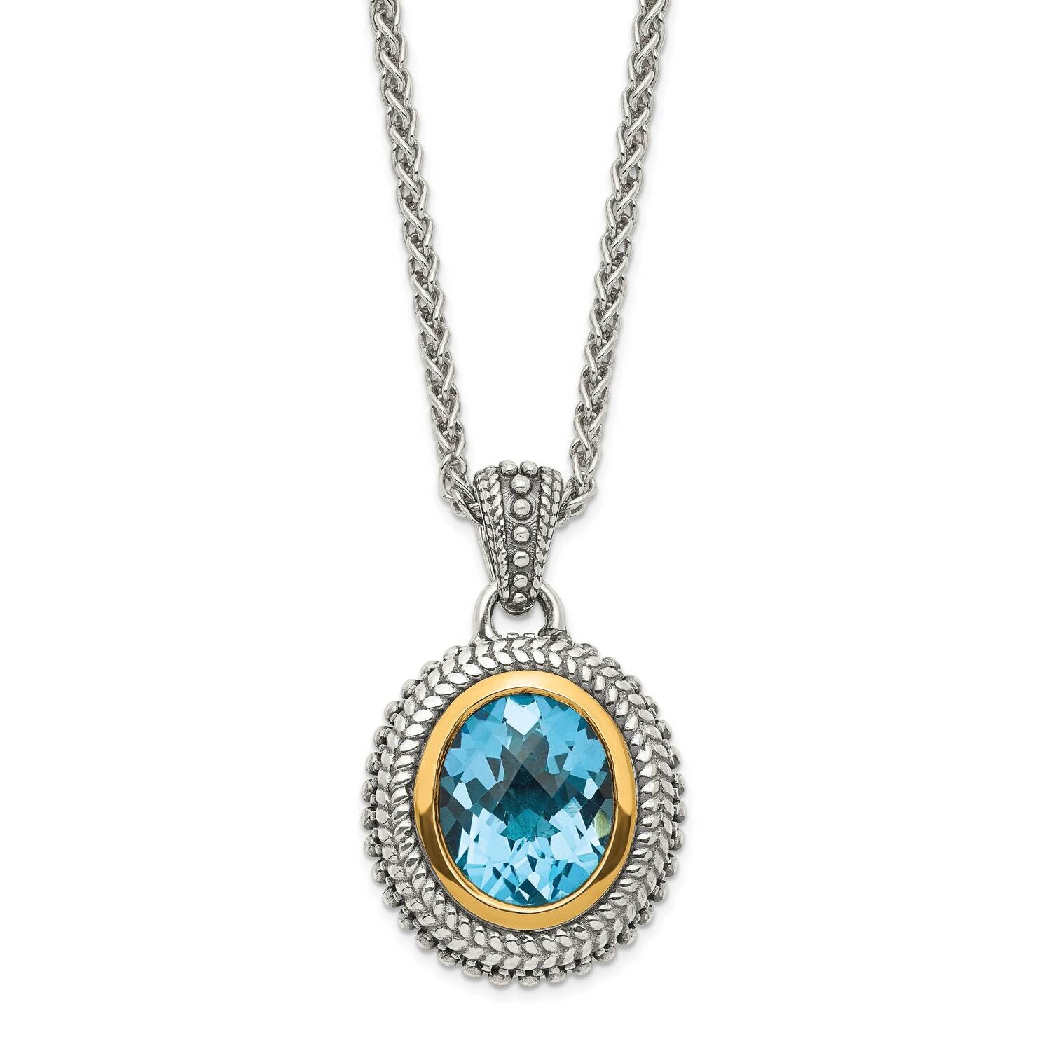 Antiqued Light Swiss Blue Topaz Necklace Sterling Silver with 14k Gold Accent QTC1597