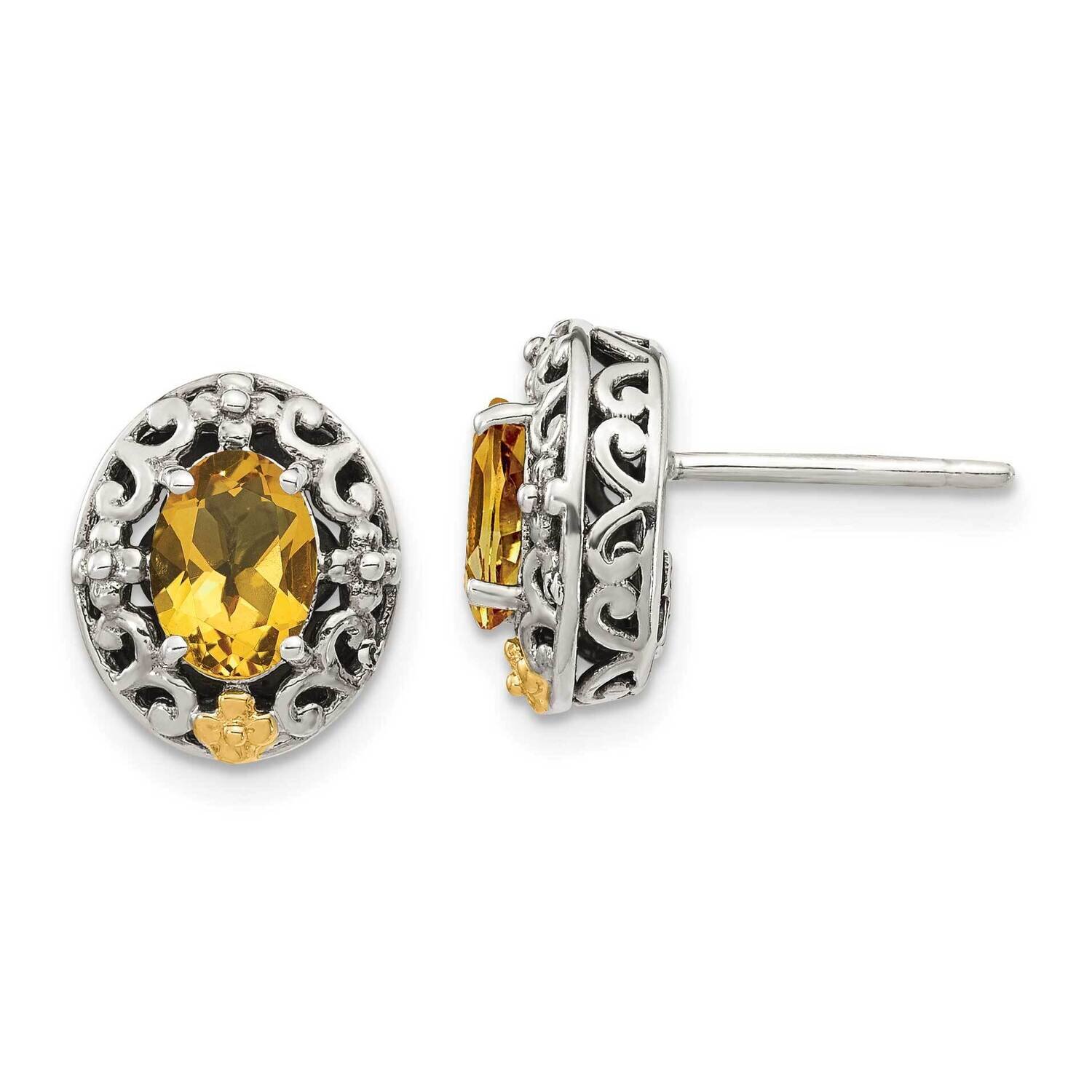Citrine Post Earrings Sterling Silver with 14k Gold Accent QTC1646, MPN: QTC1646, 883957622064