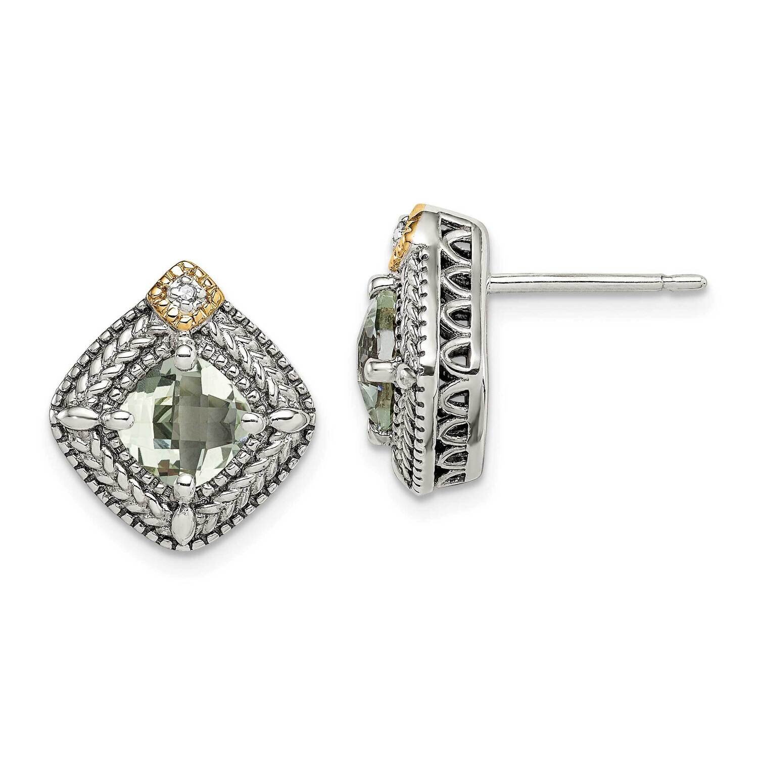 Green Quartz &amp; Diamond Post Earrings Sterling Silver with 14k Gold Accent QTC1661, MPN: QTC1661, 88…
