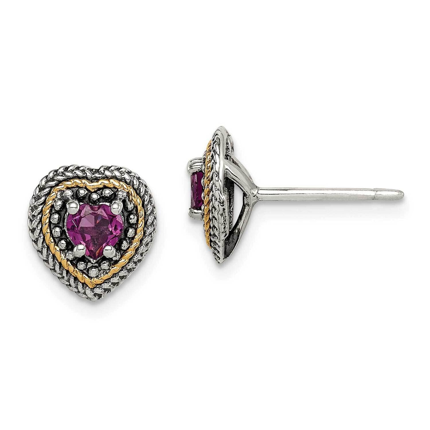 Rhodolite Garnet Heart Post Earrings Sterling Silver with 14k Gold Accent QTC1676, MPN: QTC1676, 88…