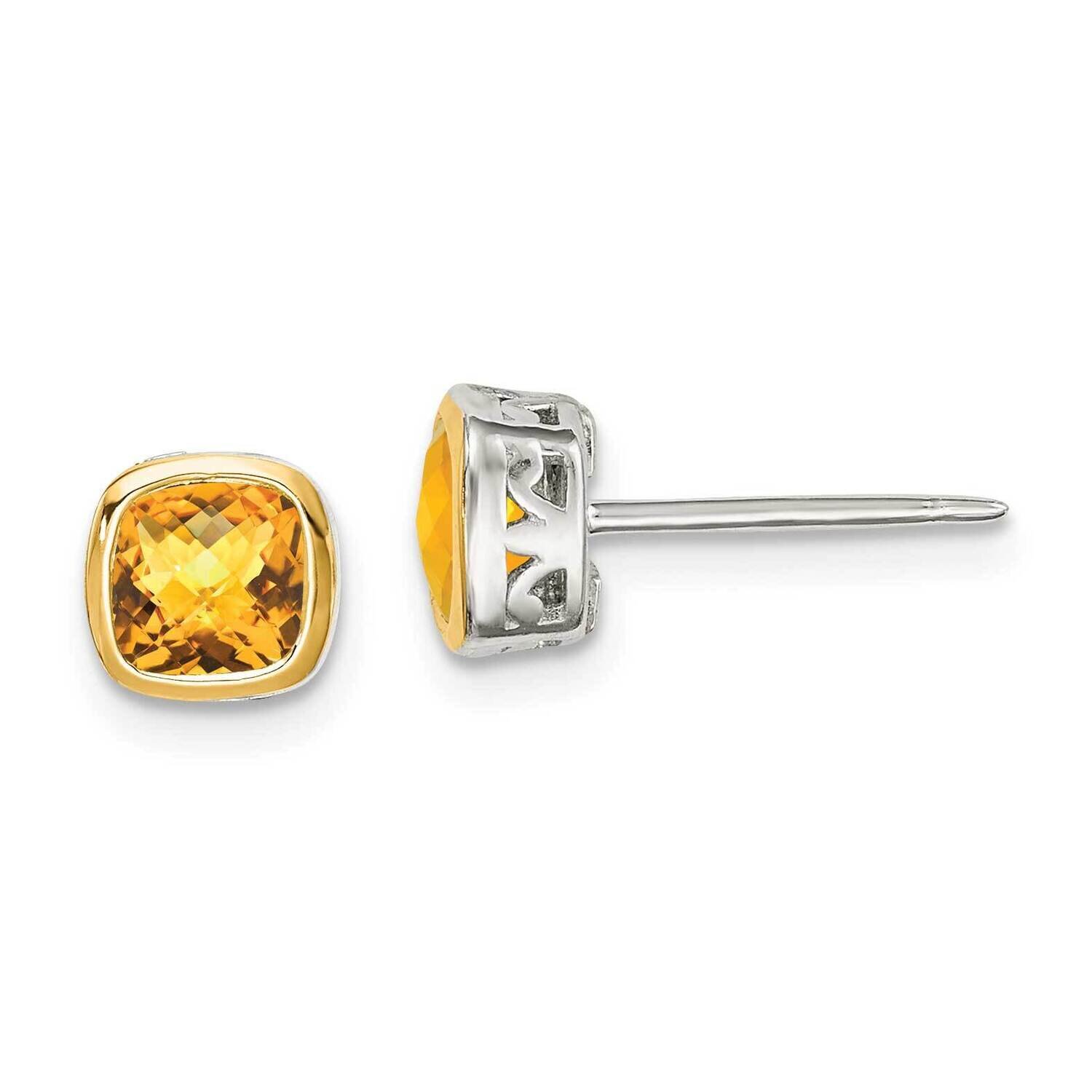 Citrine Square Stud Earrings Sterling Silver with 14k Gold Accent QTC1733