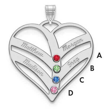 4 Name Mothers Heart Charm with Birthstones Sterling Silver Rhodium-plated XNA865/4SS