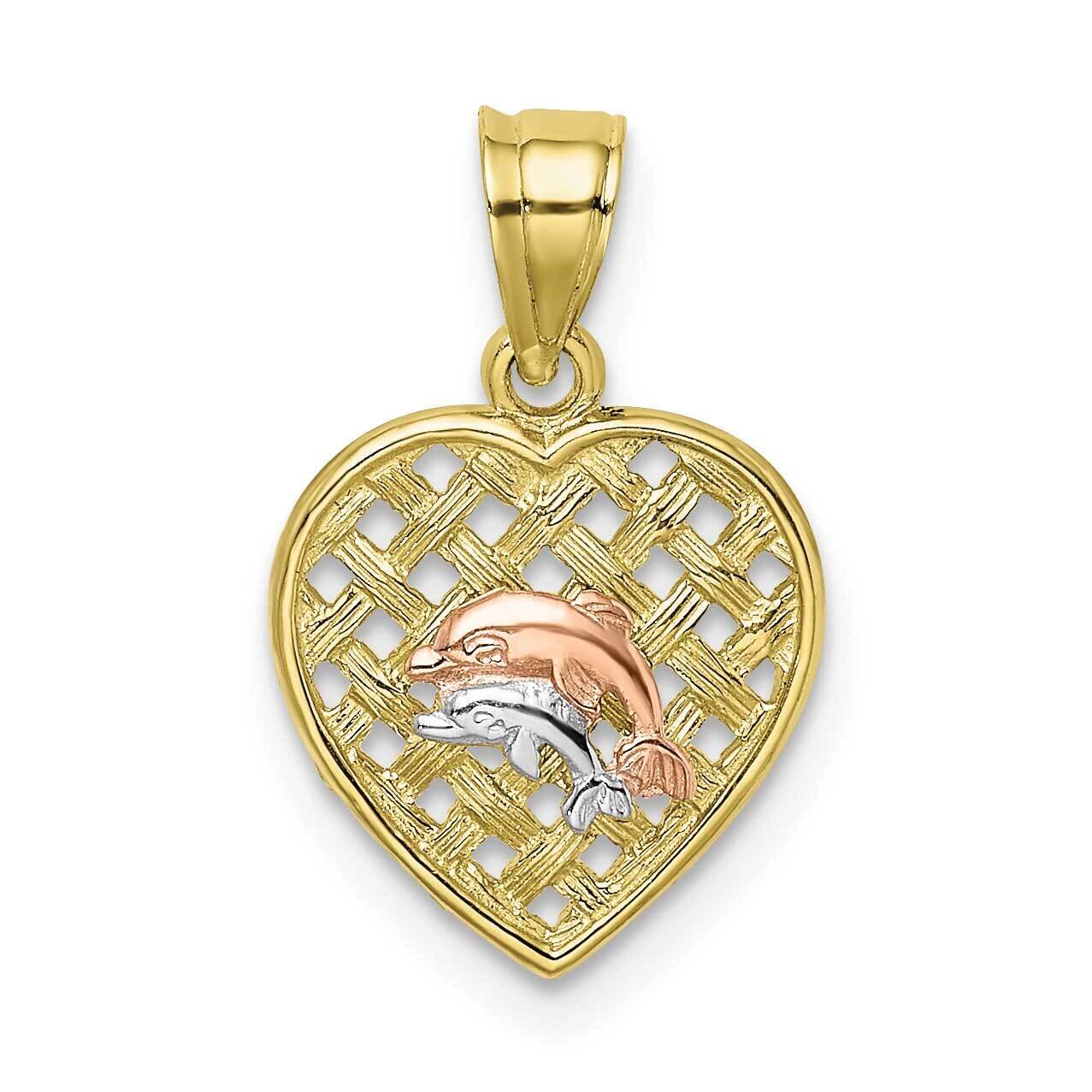Tri-Color Double Dolphins On Woven Heart Charm 10k Gold 10K8980, MPN: 10K8980,