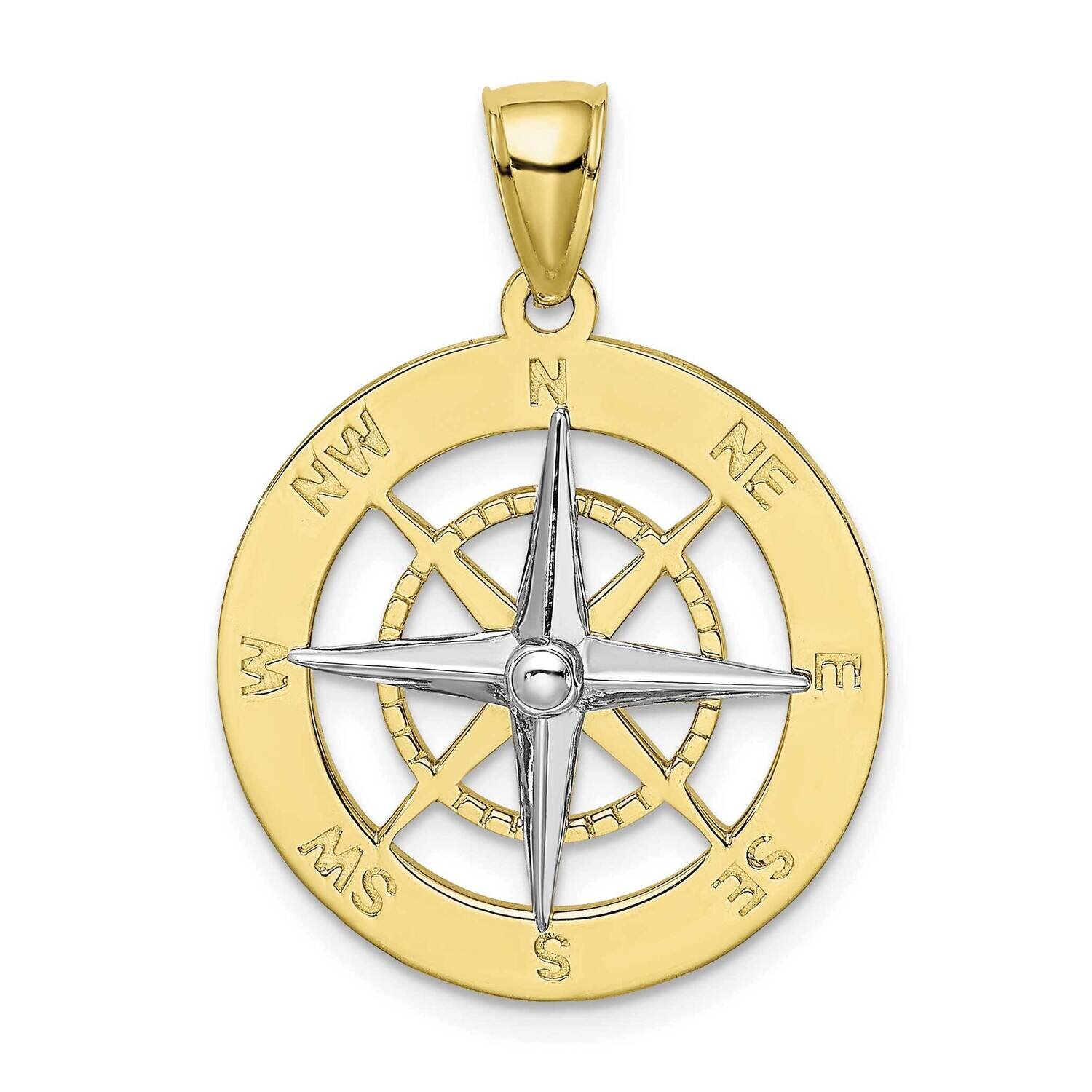 Nautical Compass White Needle Charm 10k Gold with Rhodium 10K9017, MPN: 10K9017,