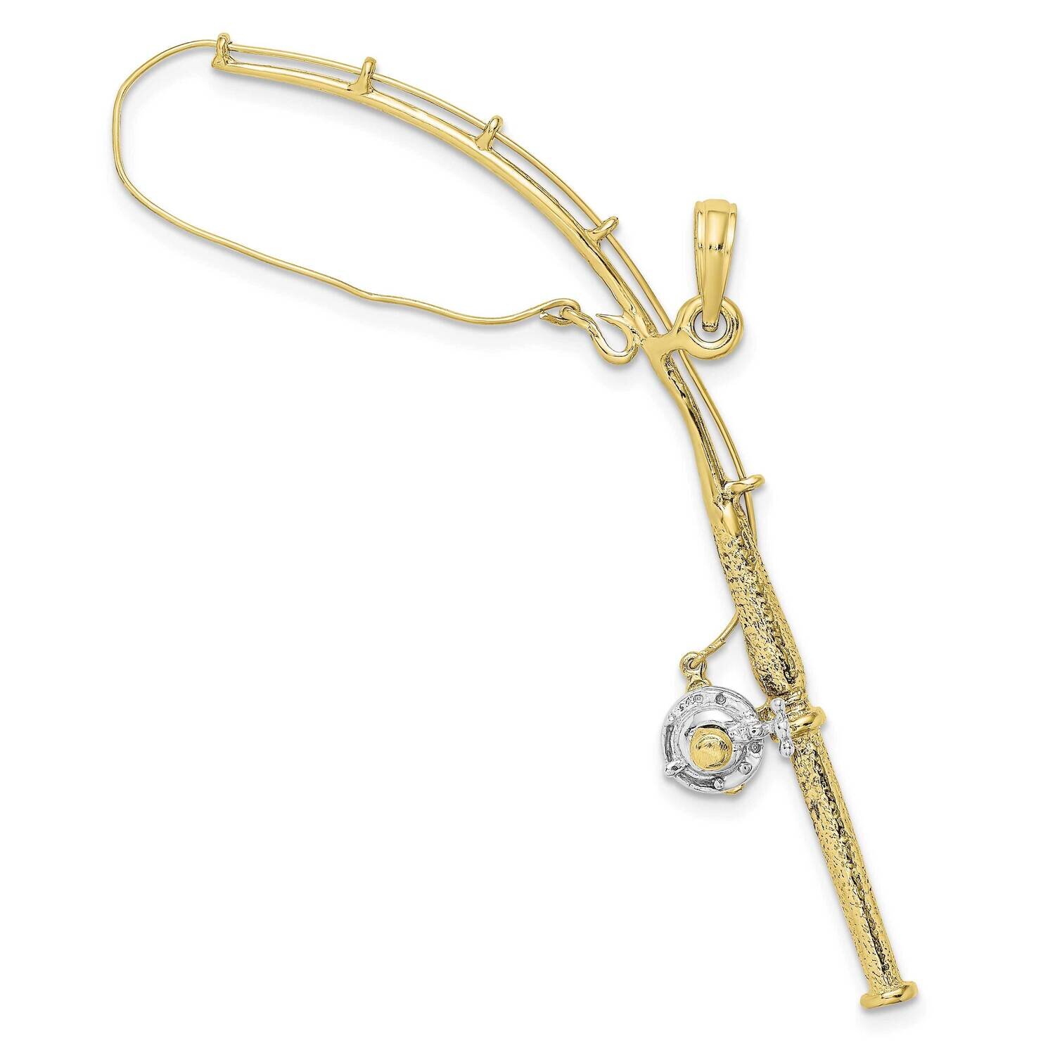 3-D Moveable Fishing Pole with Reel Pendant 10k Gold & Rhodium 10K9051