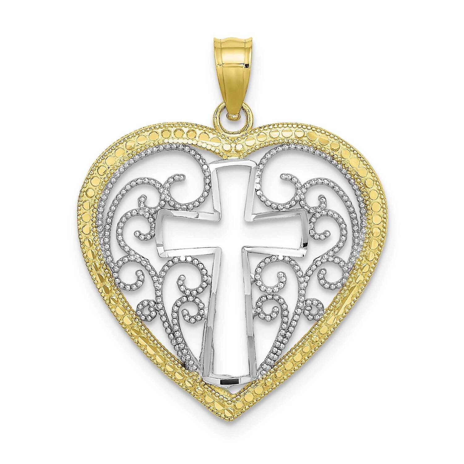Cut-Out Beaded Filigree Heart with Cross Charm 10k Gold with Rhodium 10K9411, MPN: 10K9411,