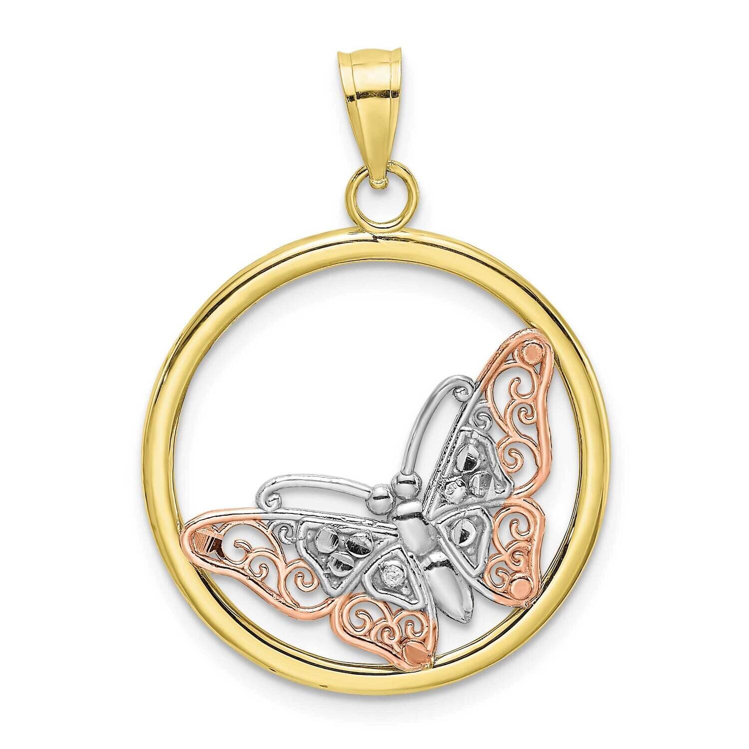 Tri-Color Butterfly In Round Frame Charm 10k Gold 10K9434