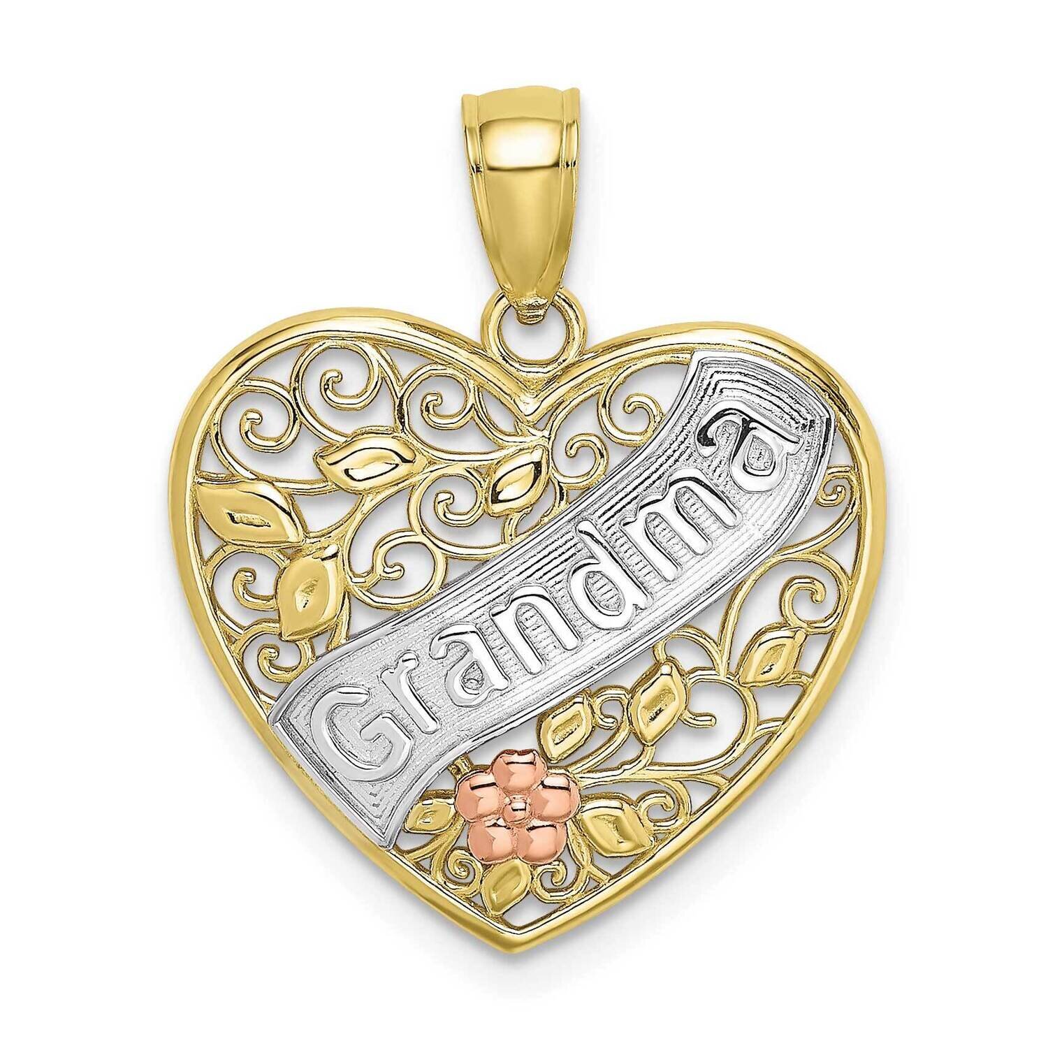 Tri-Color Grandma In Filigree Heart with Flowers Charm 10k Gold 10K9561