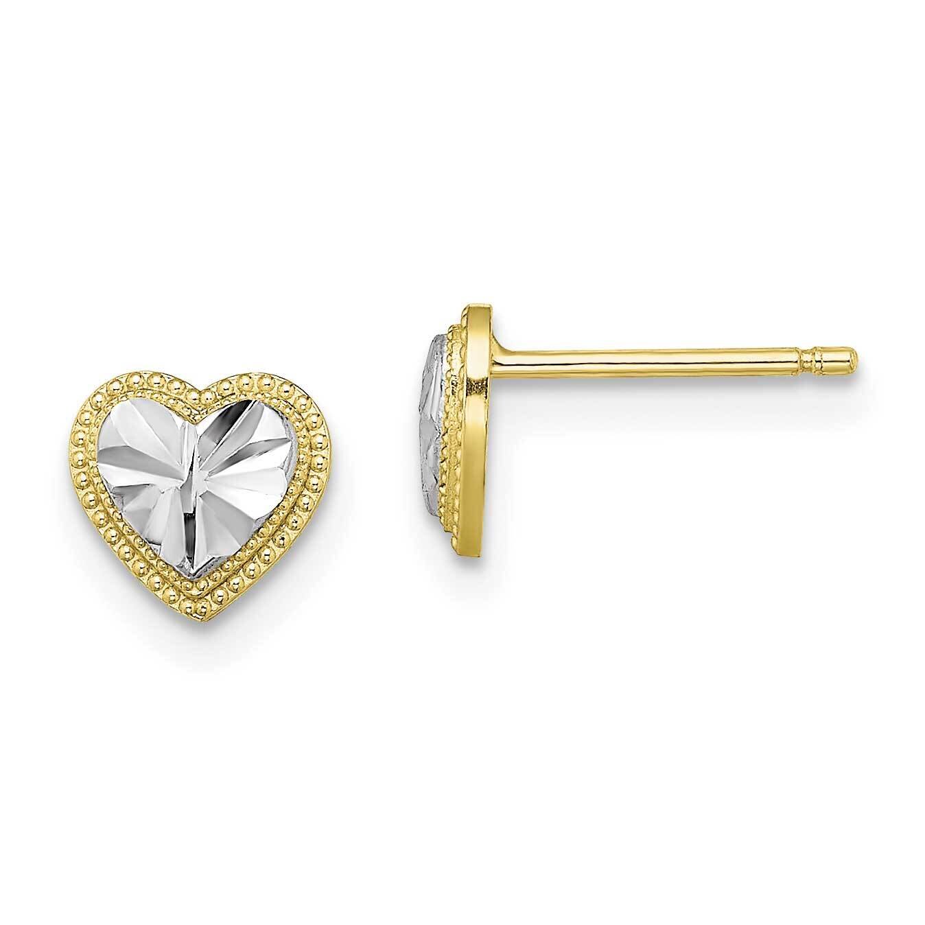 Heart Post Earrings 10k Gold with Rhodium Diamond-cut 10TE910