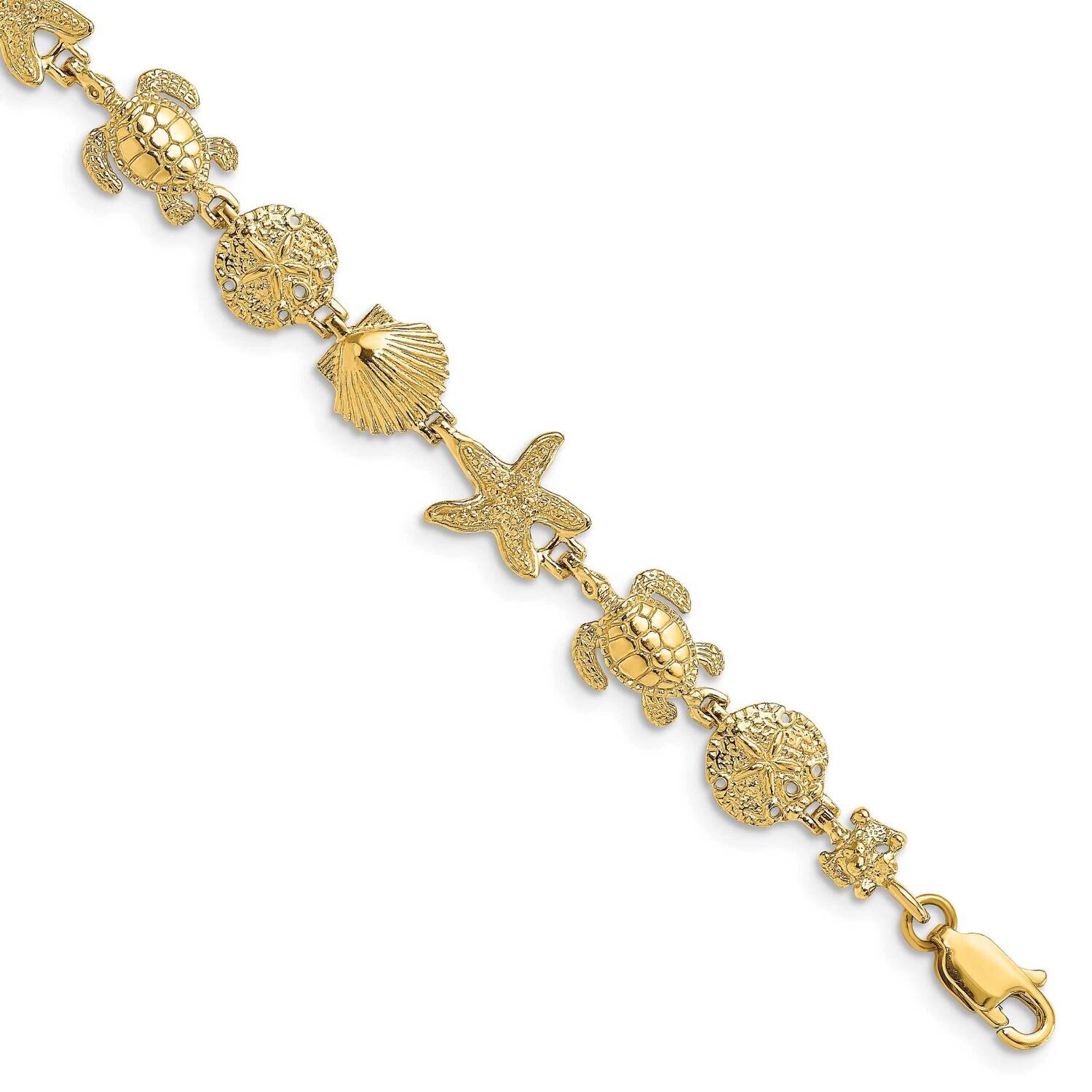 Turtle Sand Dollar Shell Starfish Link Bracelet 14k Gold Polished FB1828-7, MPN: FB1828-7, 63721814…