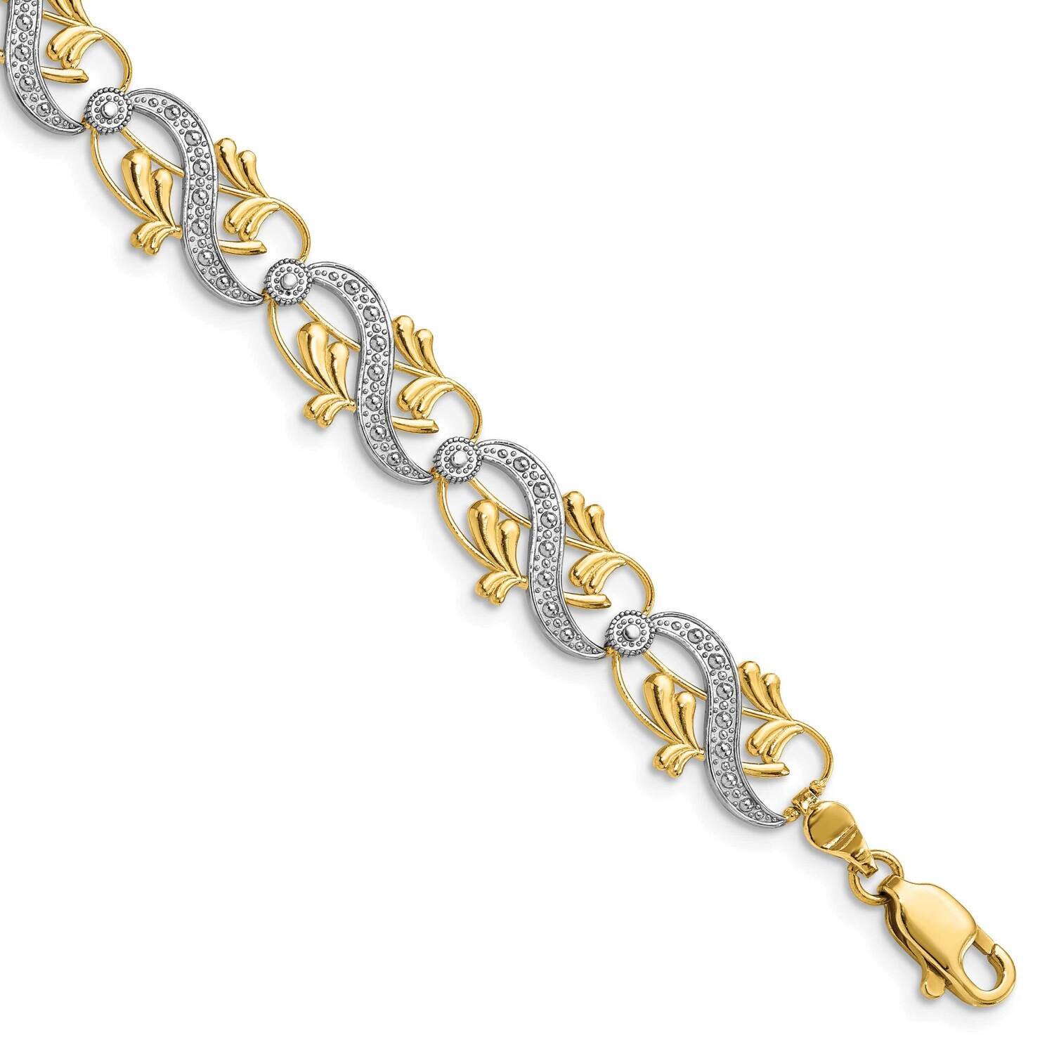 Fancy Leaves Link Bracelet 14k Gold Rhodium Diamond-cut FB1847-7.5