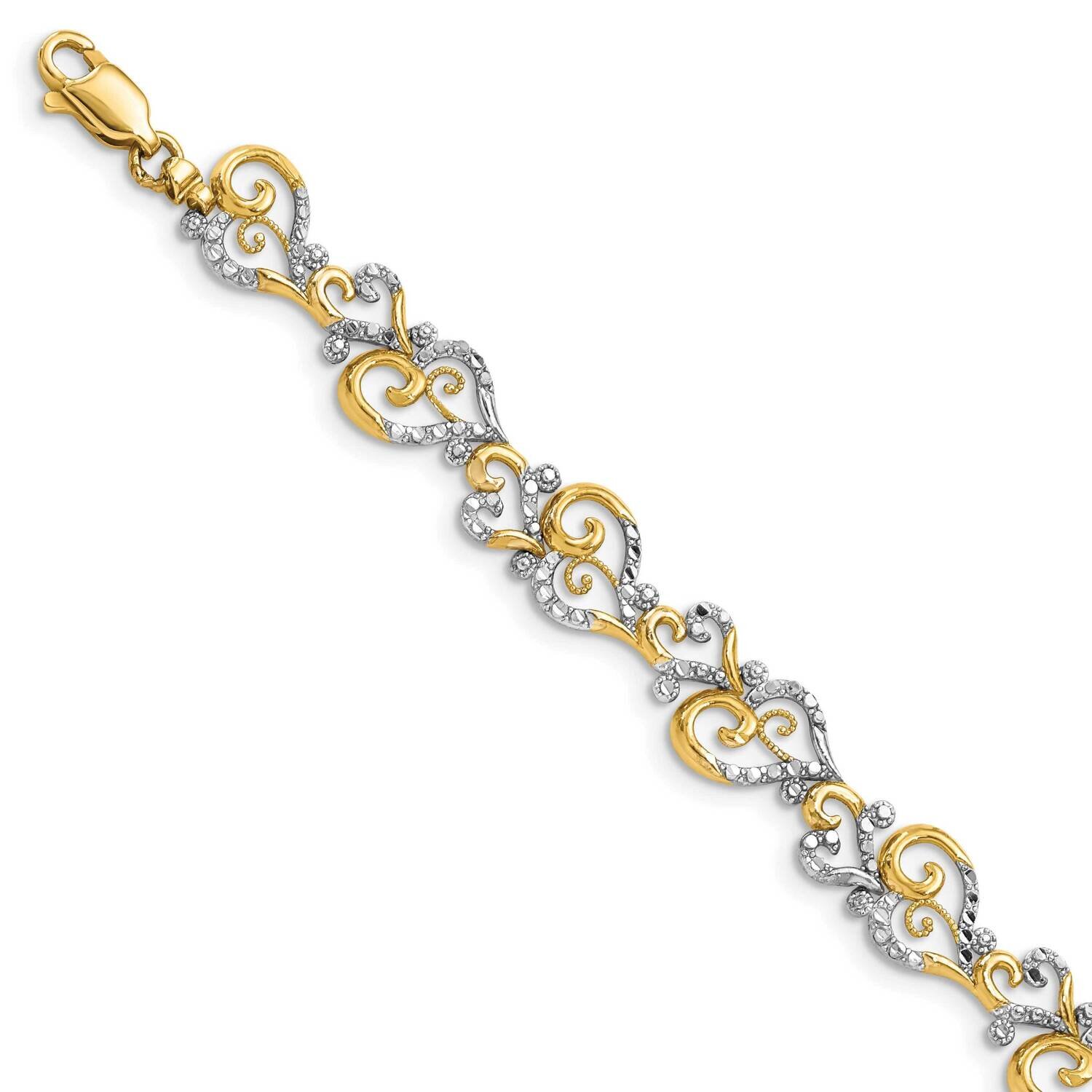 Fancy Heart Link Bracelet 14k Gold Rhodium Diamond-cut FB1852-7.5
