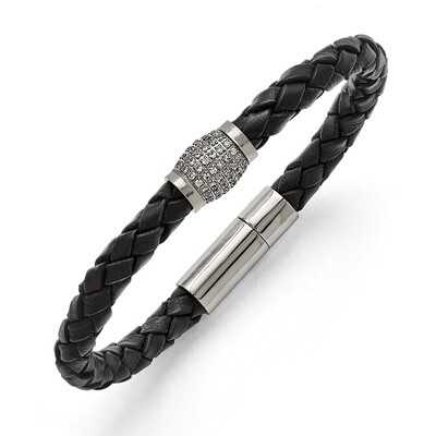 Polished Synthetic Diamonds Black Leather Bracelet - Titanium TBB154 by Chisel, MPN: TBB154, 191101…