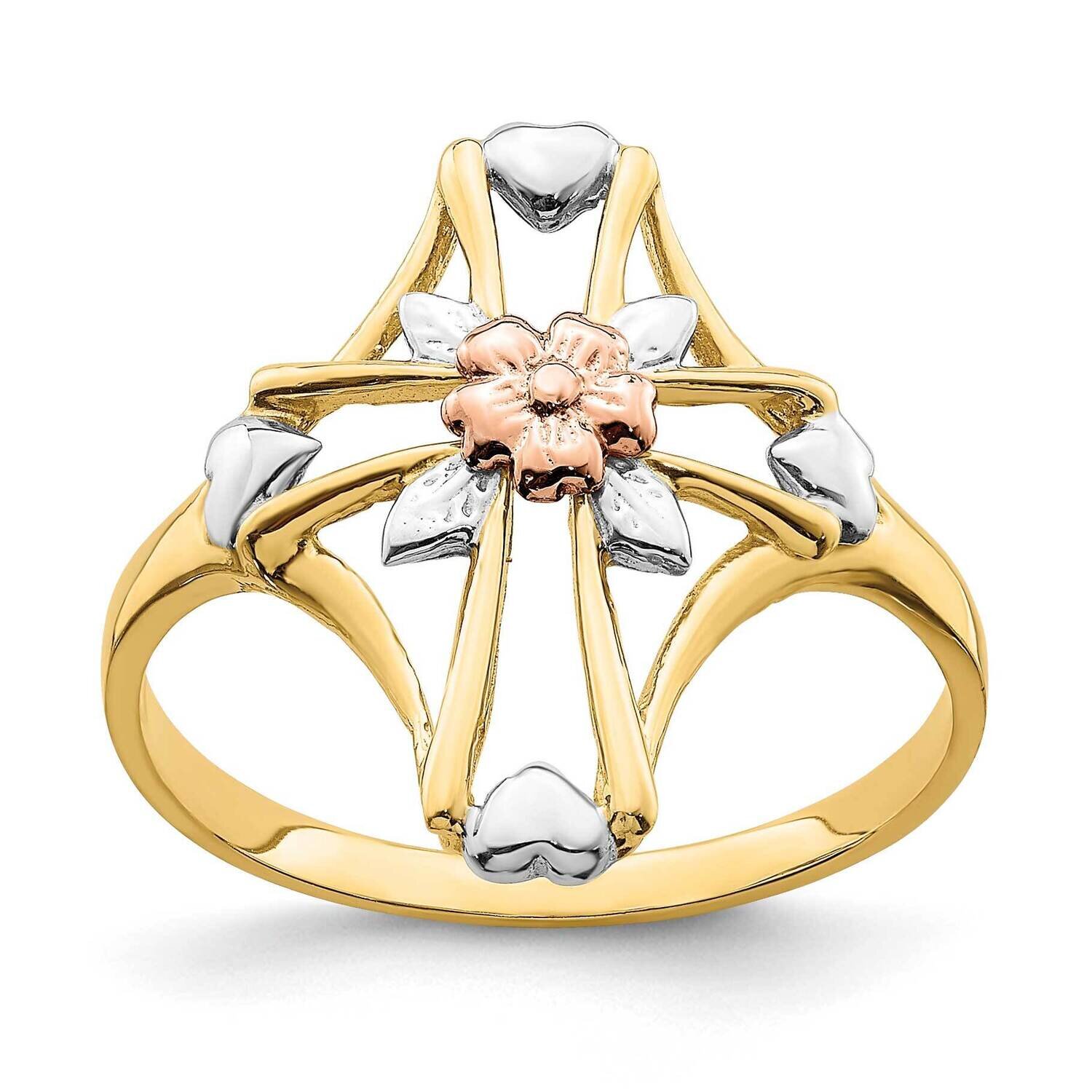 Rhodium Polished Cross with Flower Ring 14k Yellow &amp; Rose Gold K5722