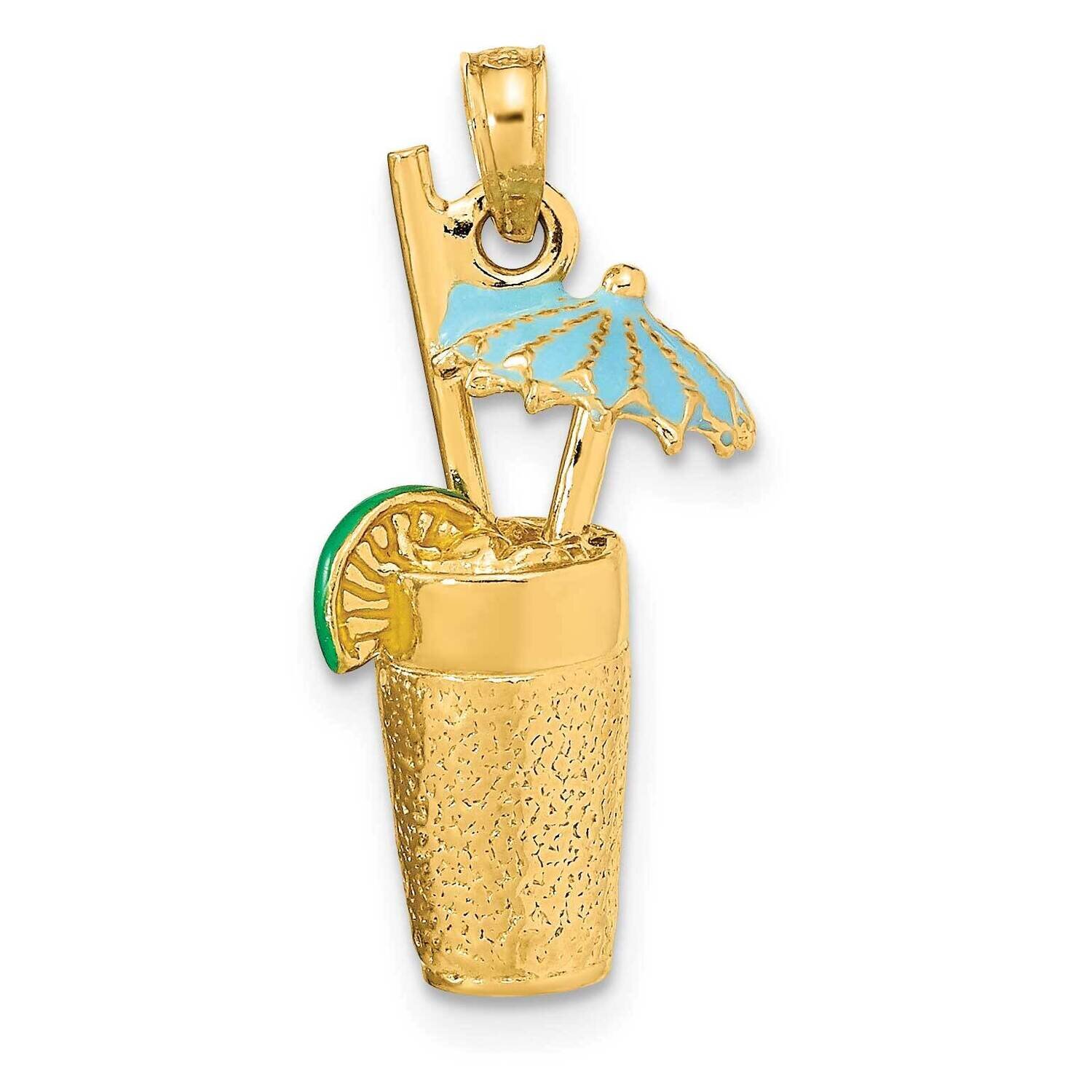 Cocktail Drink with Enamel Umbrella Lime Charm 14k Gold 3-D K6678, MPN: K6678, 637218111886