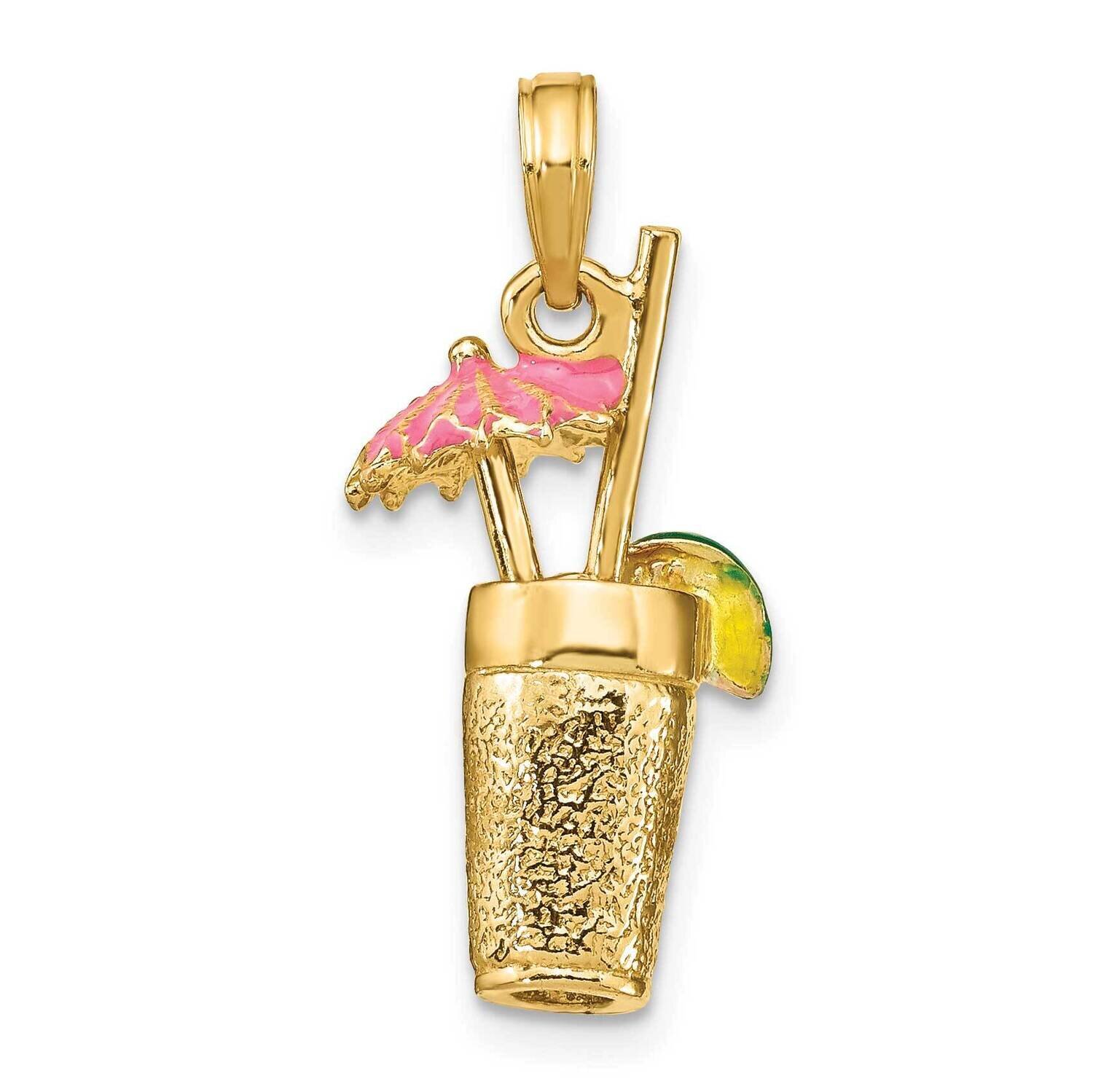 Cocktail Drink with Pink Enamel Umbrella Charm 14k Gold 3-D K6682, MPN: K6682, 637218106325