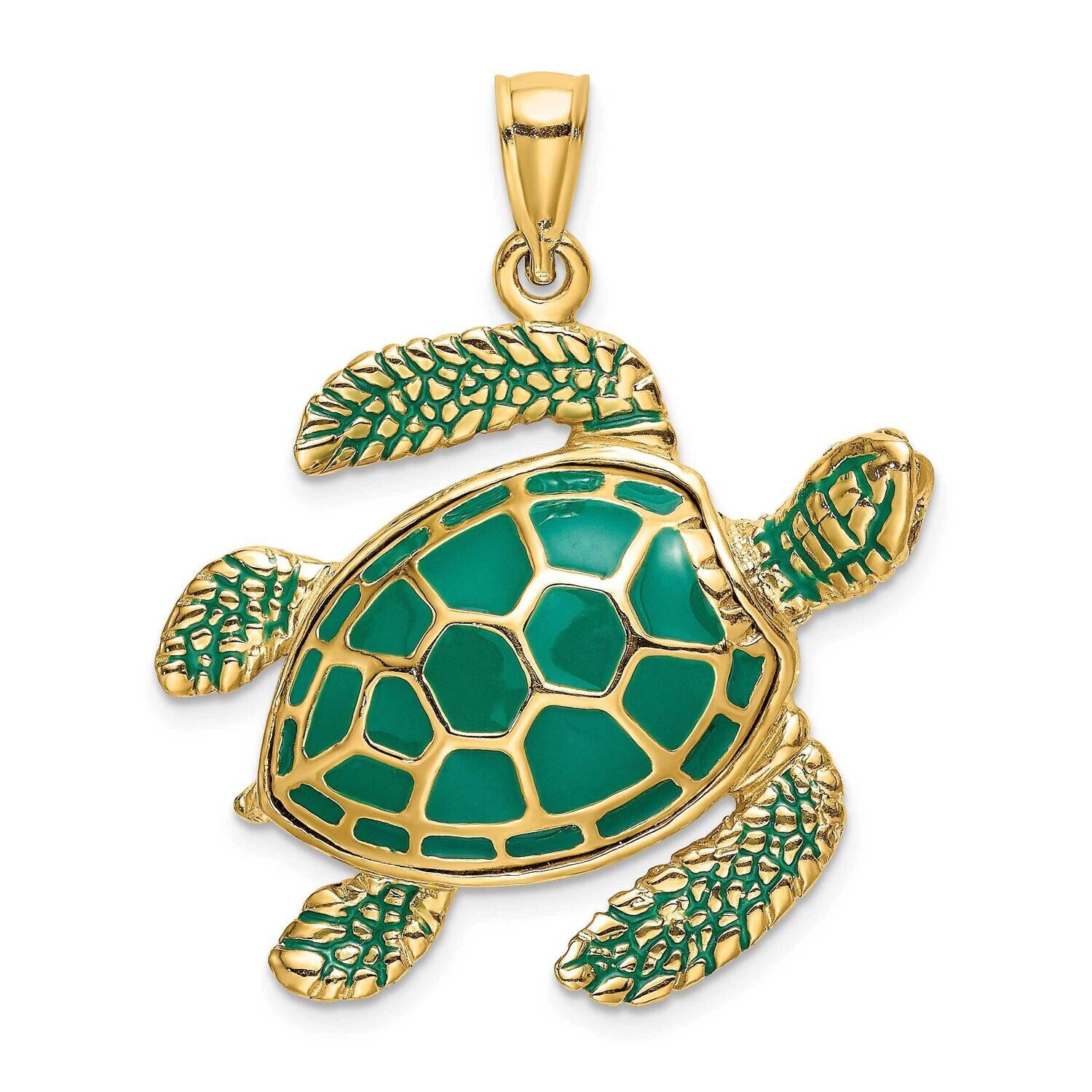 Green Enamel Large Sea Turtle Charm 14k Gold 3-D K6717