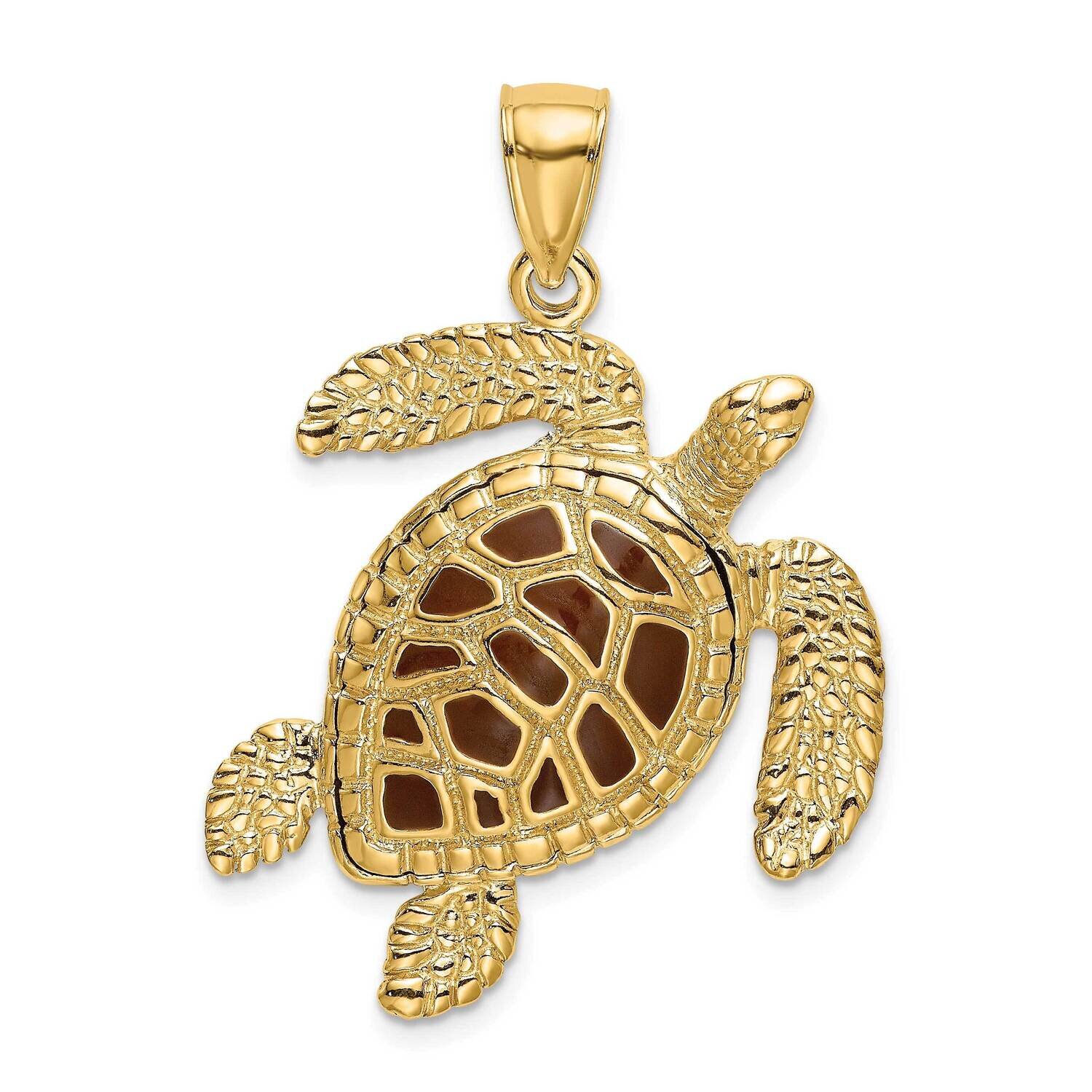 Brown Enamel Textured Sea Turtle Charm 14k Gold 3-D K6718