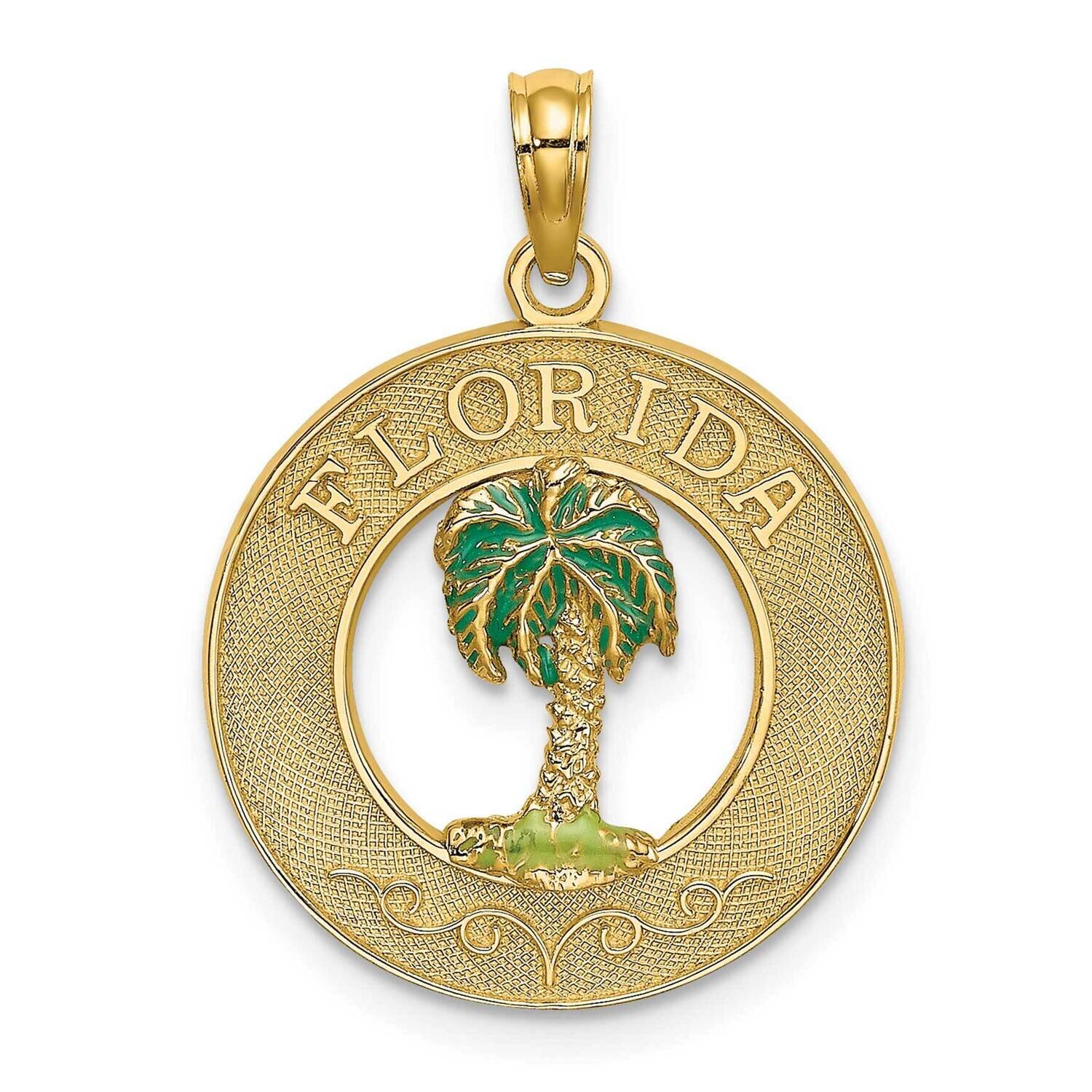 Florida Round Frame with Green Enamel Palm Tree Charm 14k Gold K6719, MPN: K6719, 637218113903