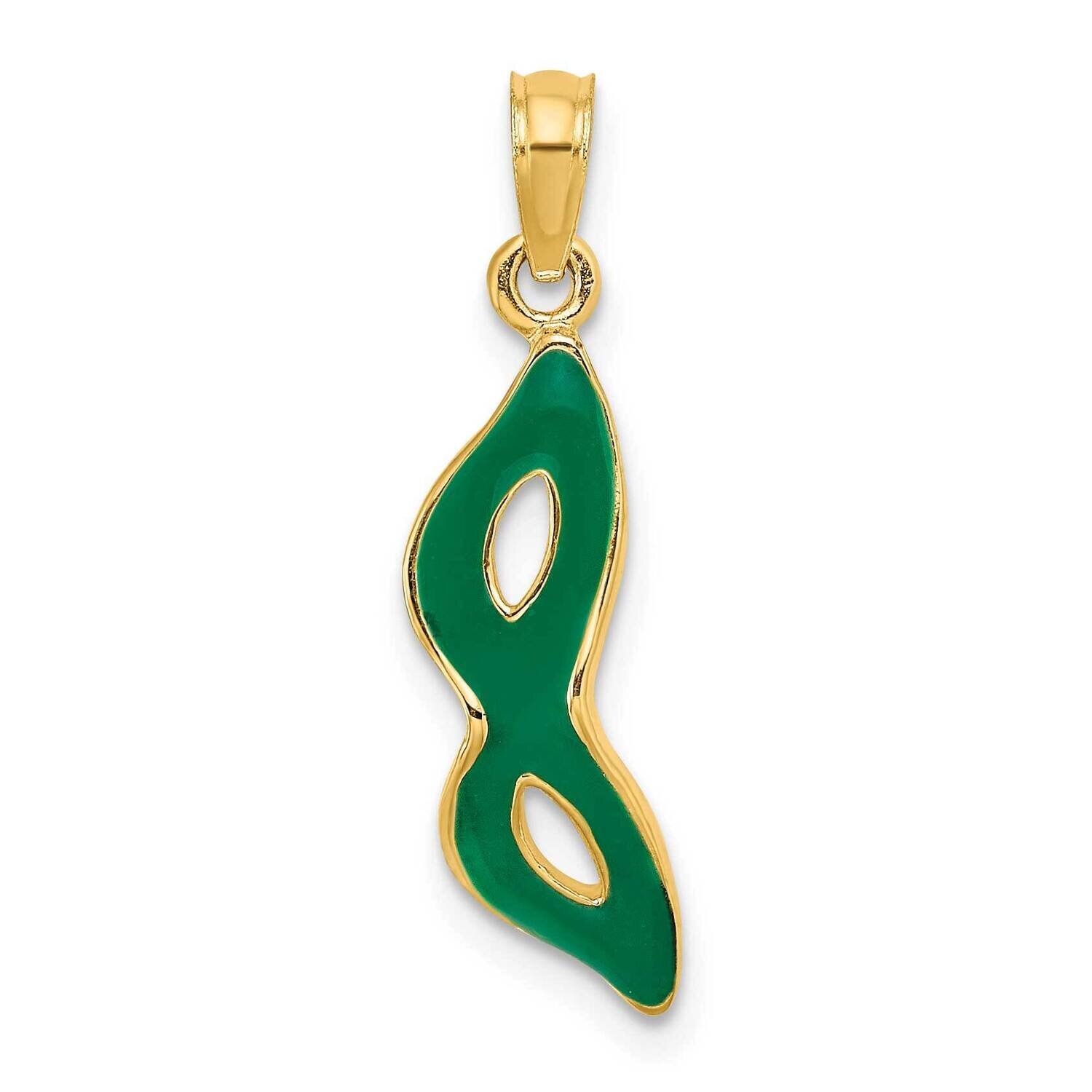 Beveled with Green Enamel Masquerade Mask Pendant 14k Gold 3-D K6722, MPN: K6722, 637218114474