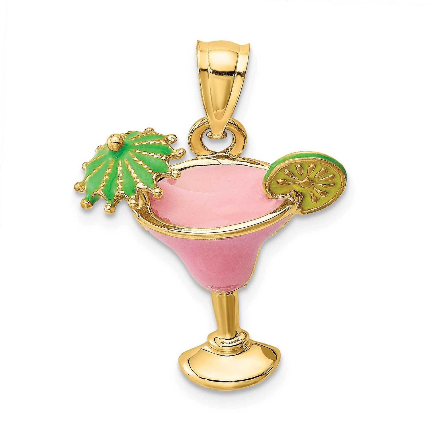 Pink Enameled Margarita Drink with Umbrella Lime Charm 14k Gold 2-D K6778