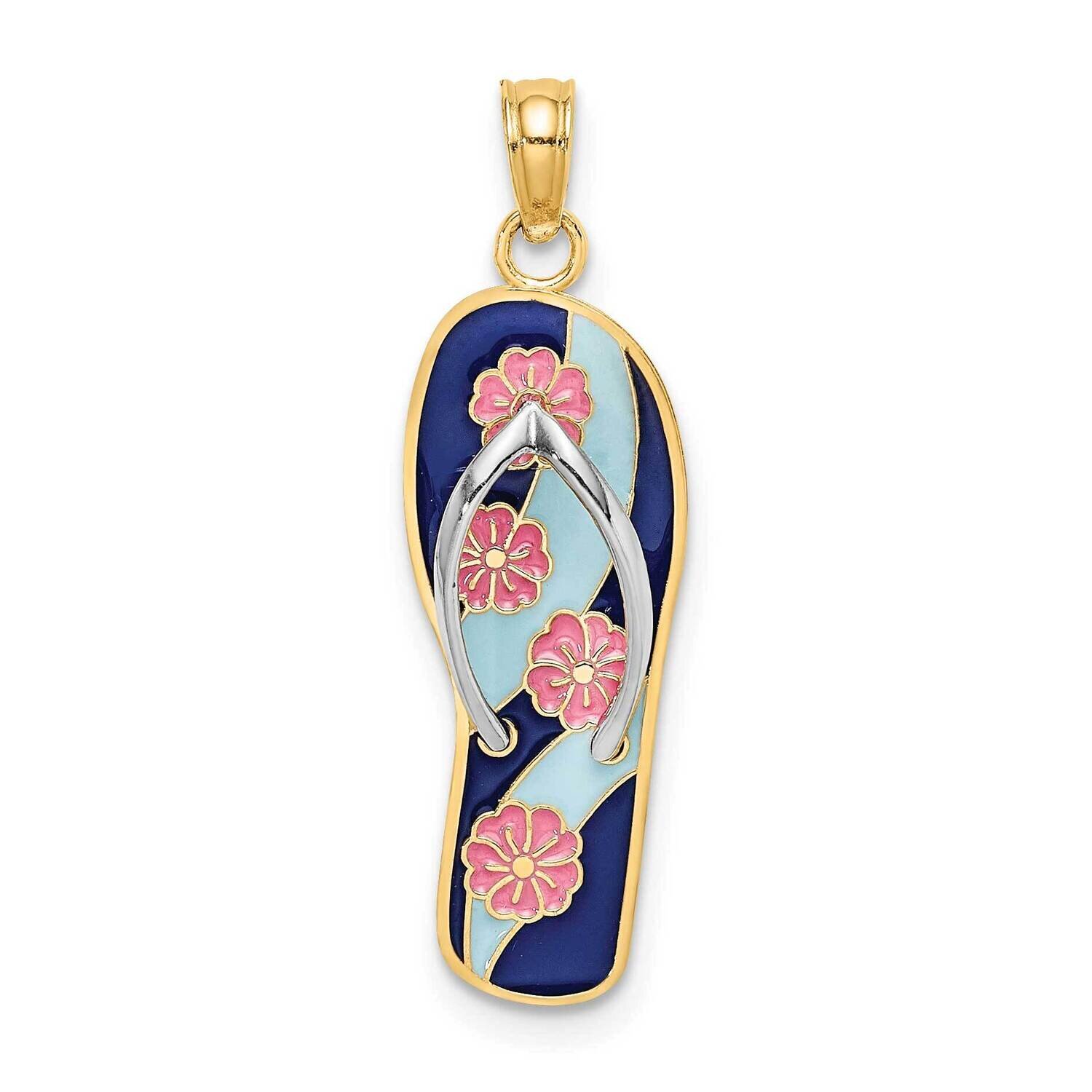 Pink Flowers On Blue Stripes Flip-Flop Charm 14k Gold Enamel K6802, MPN: K6802, 637218123278