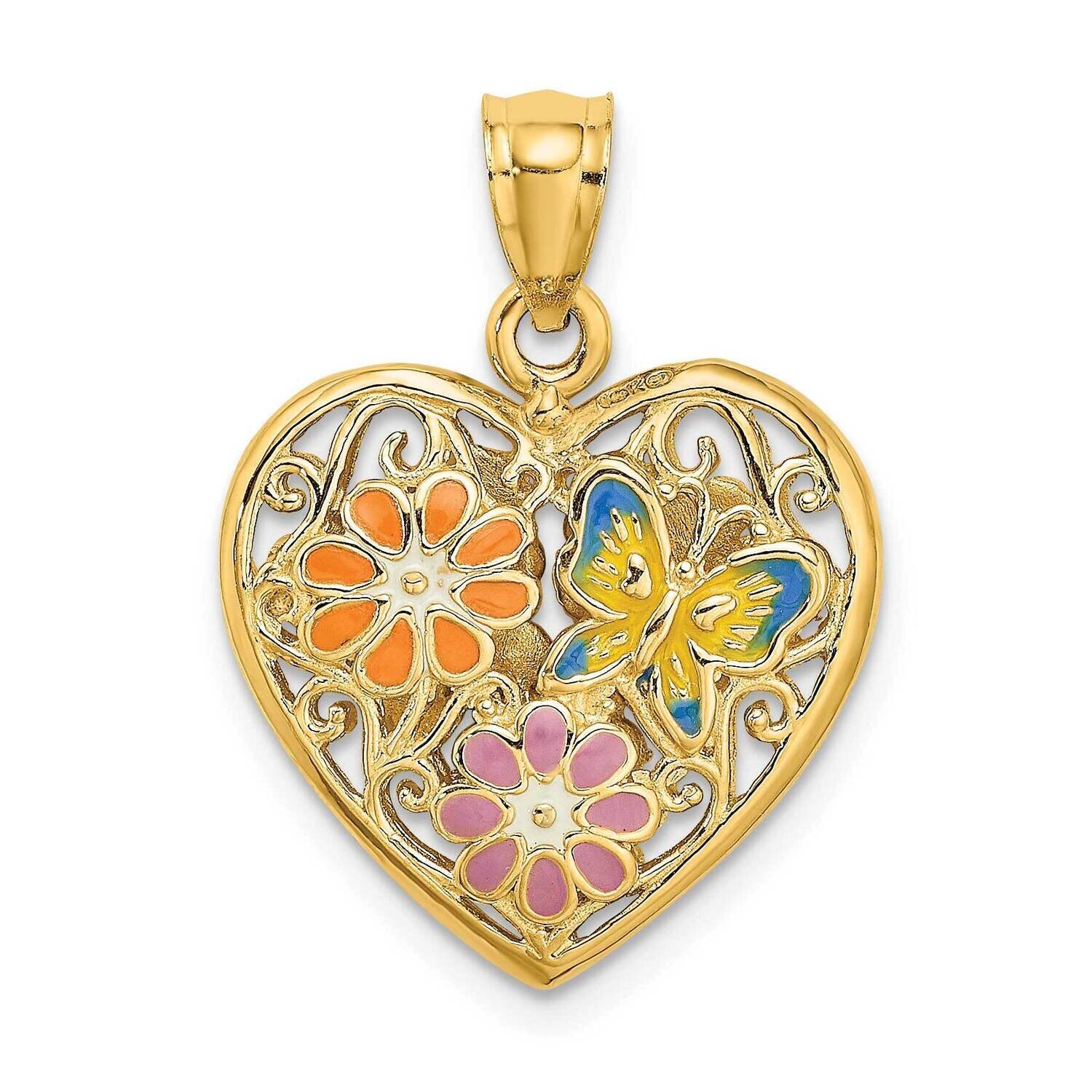 Heart with Enamel Butterfly Flowers - Reversible 14k Gold 3-D K6839