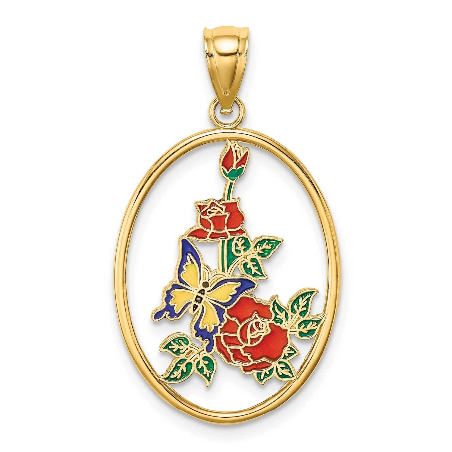 Yellow Butterfly In Oval Red Flower Charm 14k Gold Enamel K6867, MPN: K6867, 637218127504