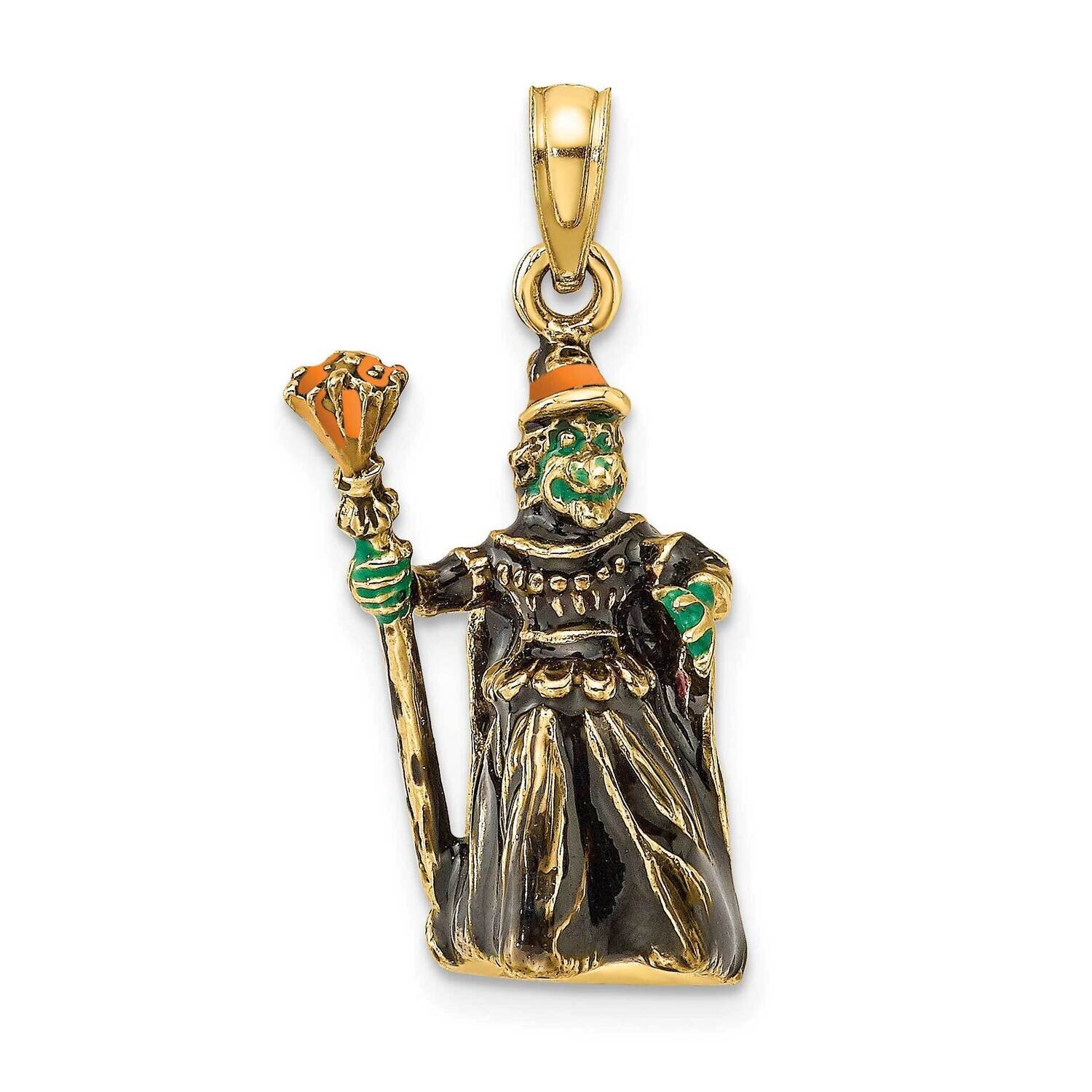 Enameled Witch with Broom Charm 14k Gold 3-D K6888