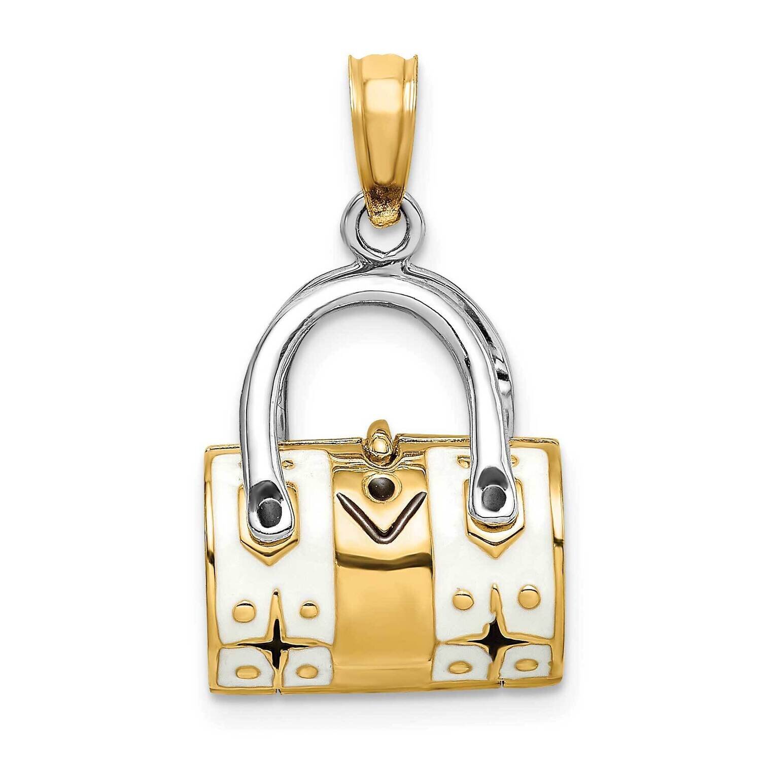 White Enameled Handbag Moveable Charm 14k Gold 3-D K6937