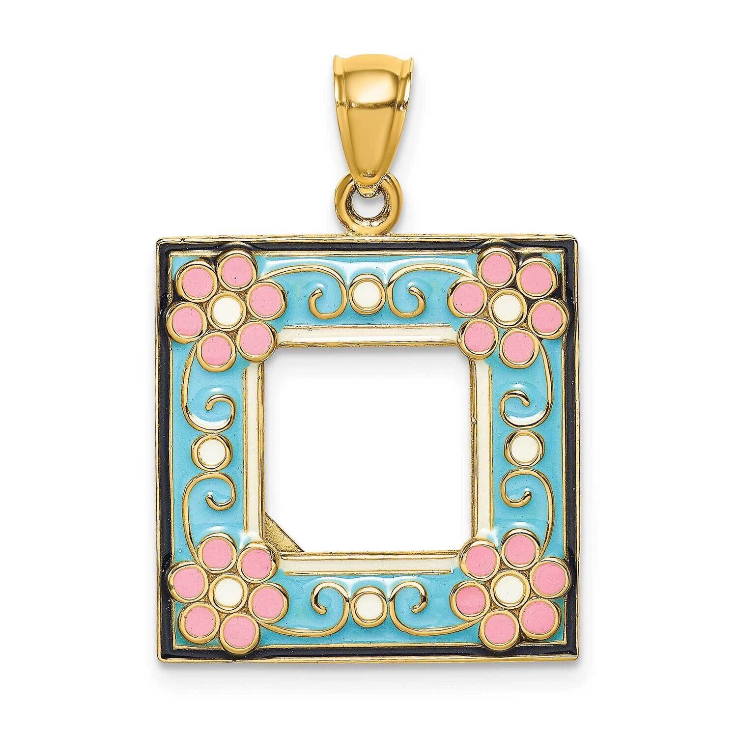 Aqua Picture Frame with Flowers Charm 14k Gold Enamel K6947, MPN: K6947, 637218132324