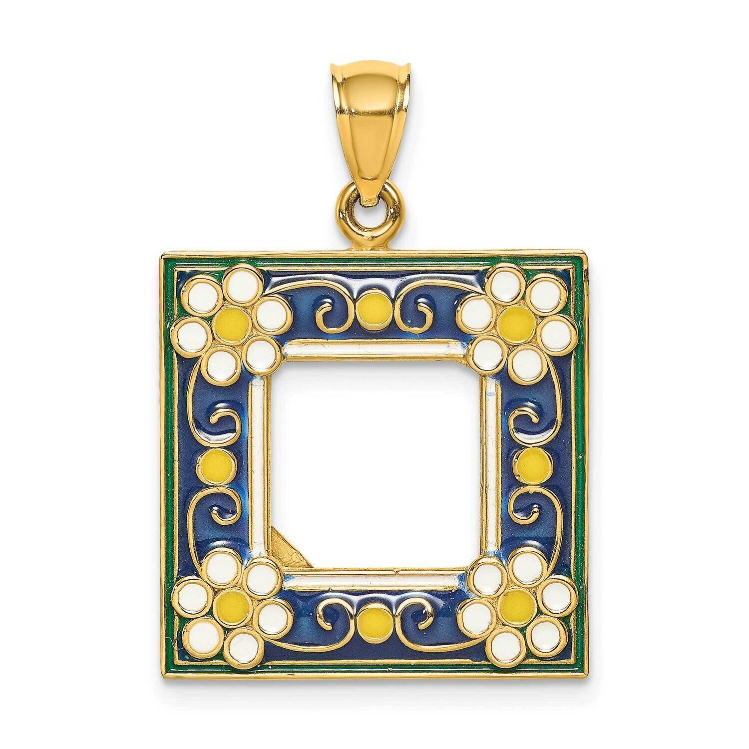 Navy Picture Frame with Flowers Charm 14k Gold Enamel K6949
