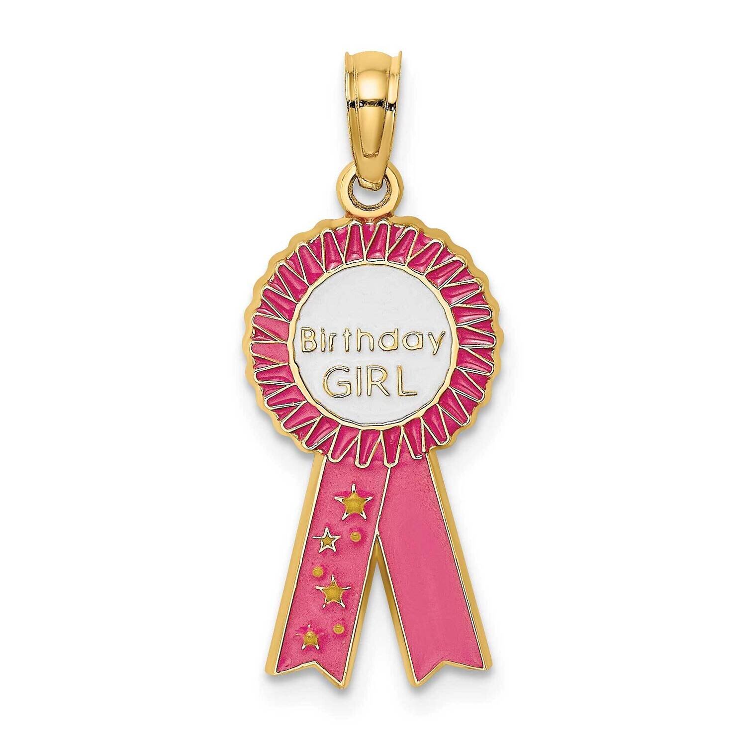 Birthday Girl Pink Ribbon Charm 14k Gold Enamel K6966