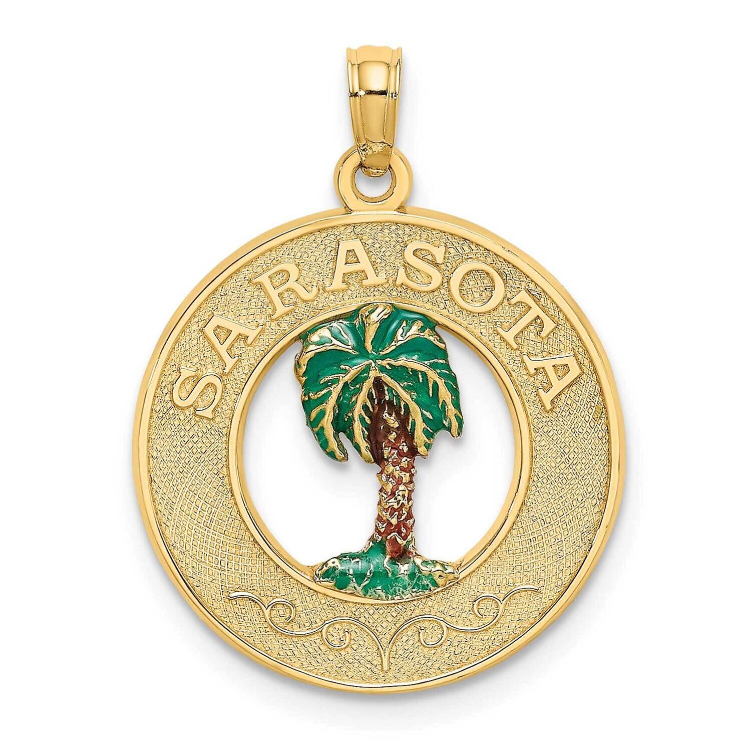 Sarasota On Round Frame with Enamel Palm Tree Charm 14k Gold K6998