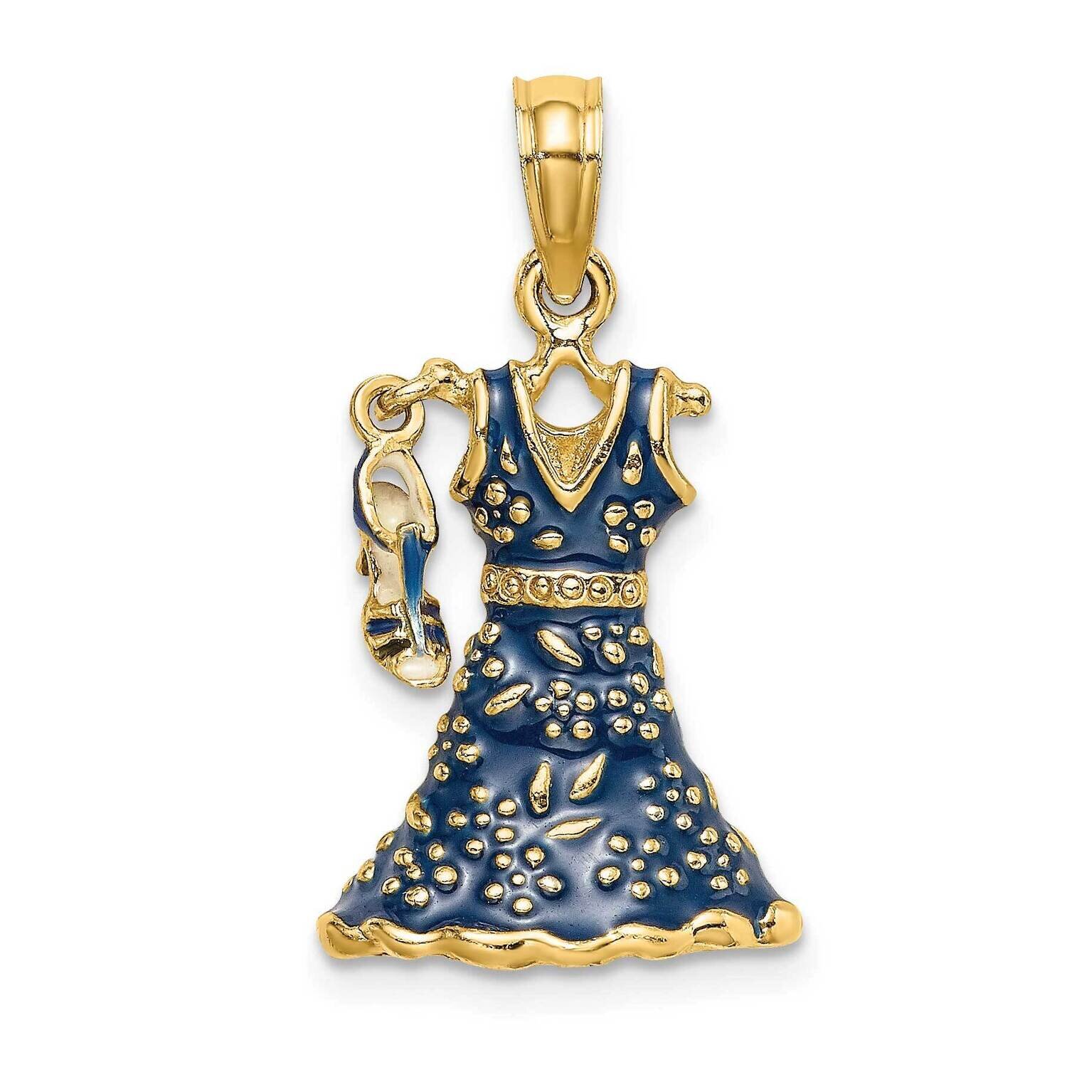 Moveable Enamel Blue Floral Dress with Shoe Charm 14k Gold 3-D K7034