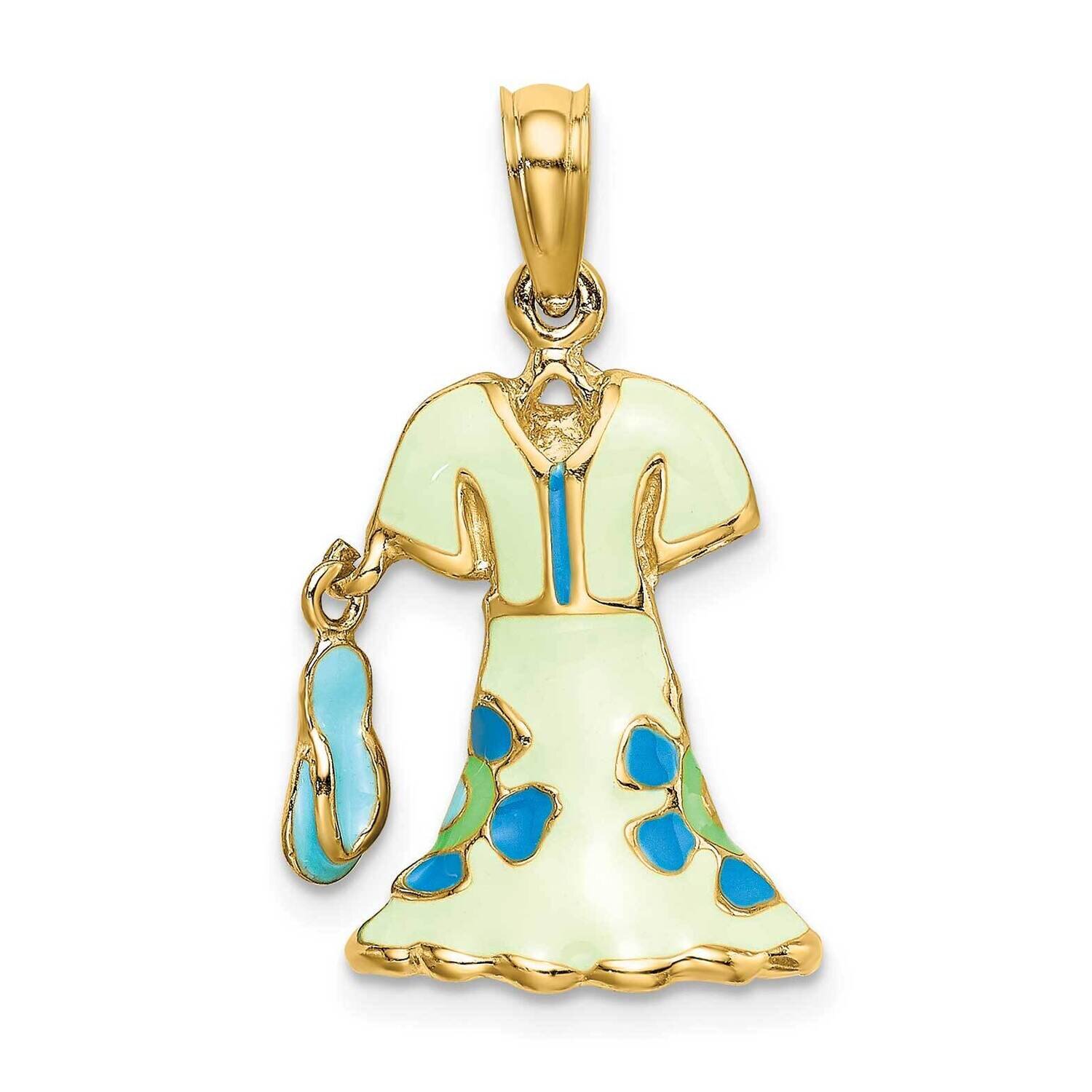Moveable Enamel Mint Floral Dress with Flip-Flop Charm 14k Gold 3-D K7037, MPN: K7037, 637218139996